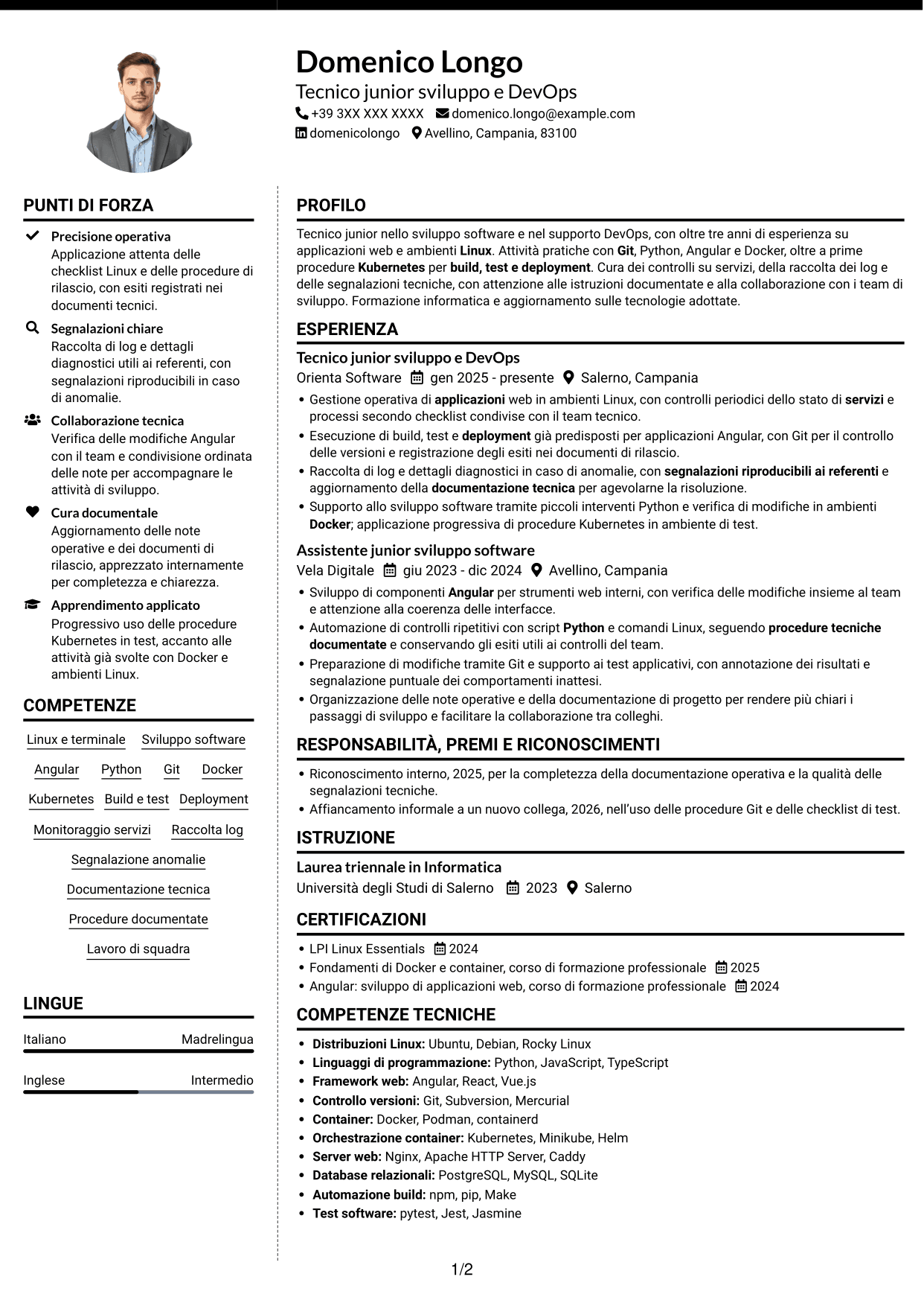 CV Moderno (formato a due colonne con foto a sinistra e separatore): Sviluppatore Junior DevOps - Angular, Python e Linux, pagina 1