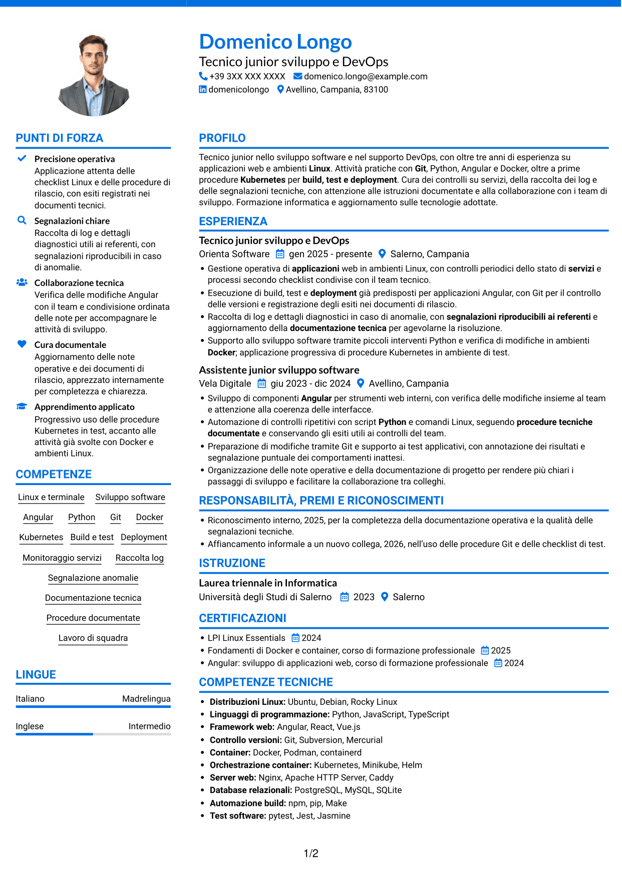 CV Audace (formato a due colonne con accenti colorati e foto): Sviluppatore Junior DevOps - Angular, Python e Linux, pagina 1