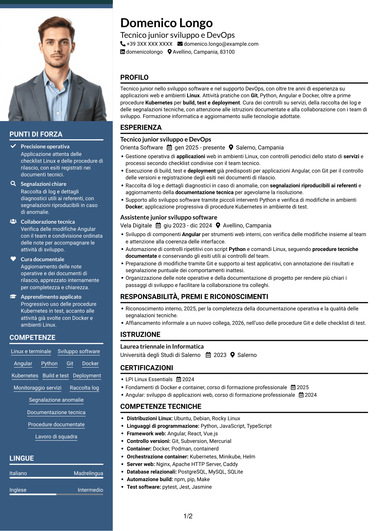 CV Signature (formato con colonna laterale colorata e foto grande): Sviluppatore Junior DevOps - Angular, Python e Linux, pagina 1