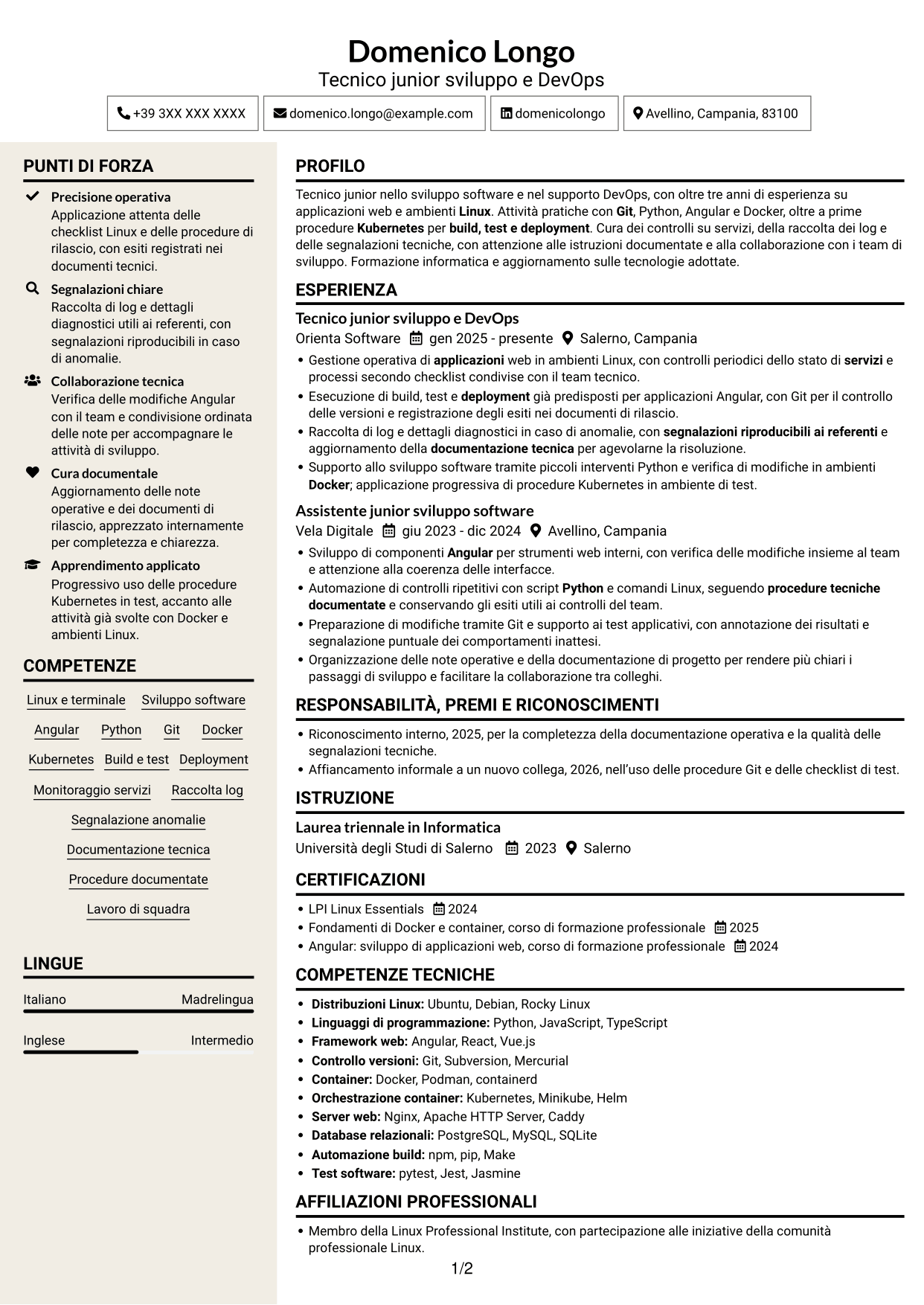 CV Intraprendente (formato a due colonne con intestazione centrata senza foto): Sviluppatore Junior DevOps - Angular, Python e Linux, pagina 1