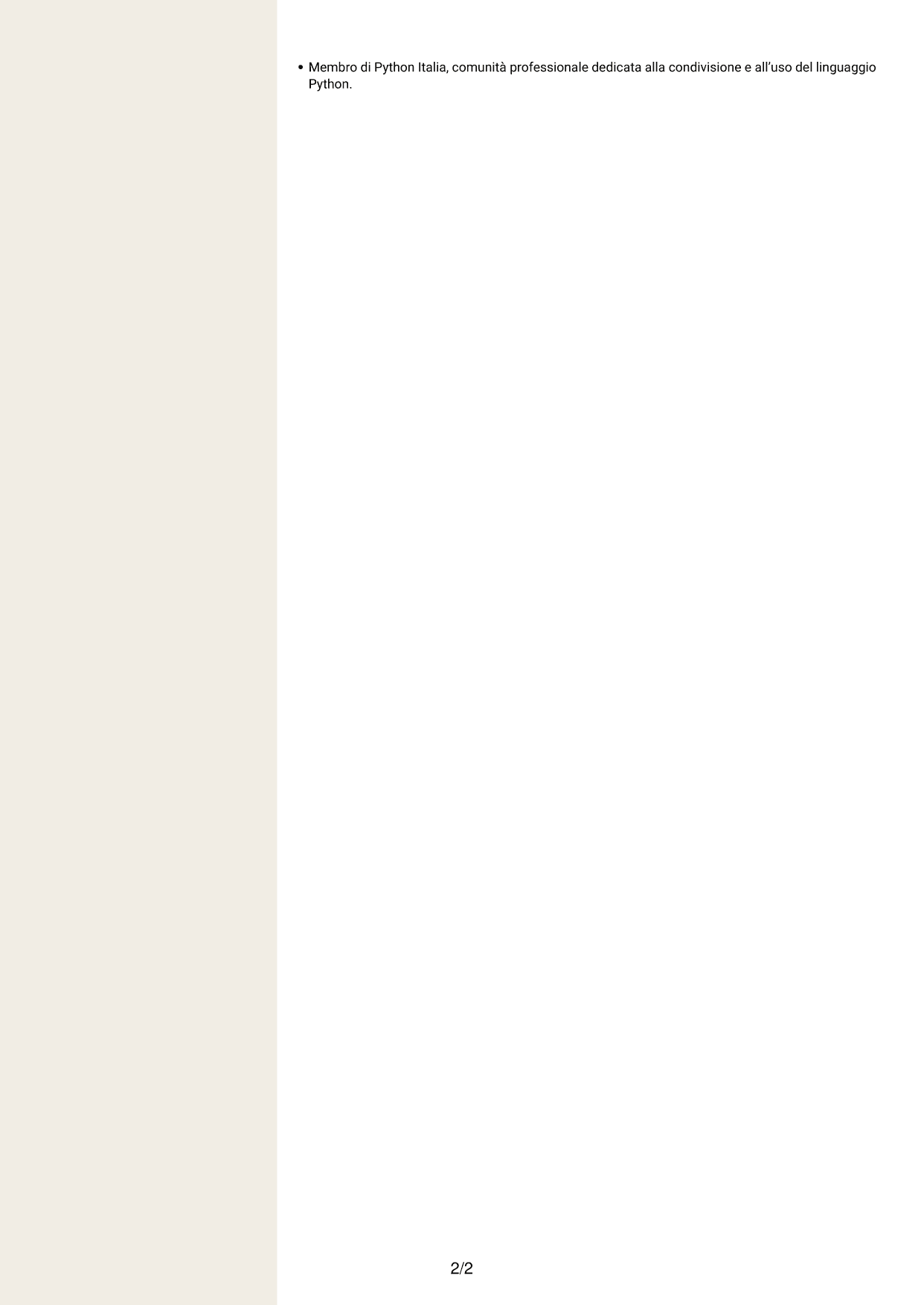 CV Intraprendente (formato a due colonne con intestazione centrata senza foto): Sviluppatore Junior DevOps - Angular, Python e Linux, pagina 2