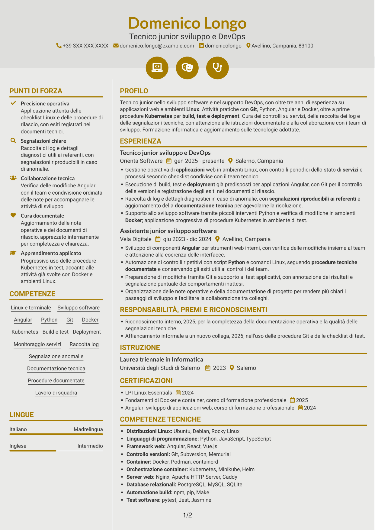 CV Dinamico (formato a due colonne con icone): Sviluppatore Junior DevOps - Angular, Python e Linux, pagina 1