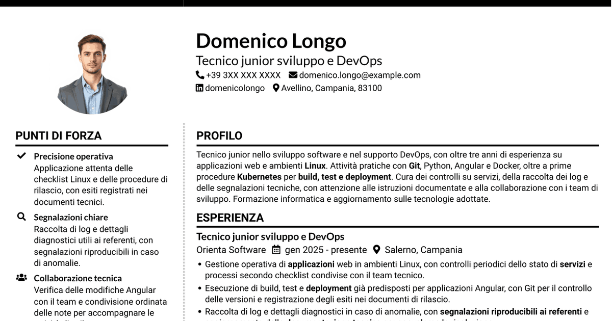7 modelli di CV per Sviluppatore Junior DevOps - Angular, Python e Linux, con esempi
