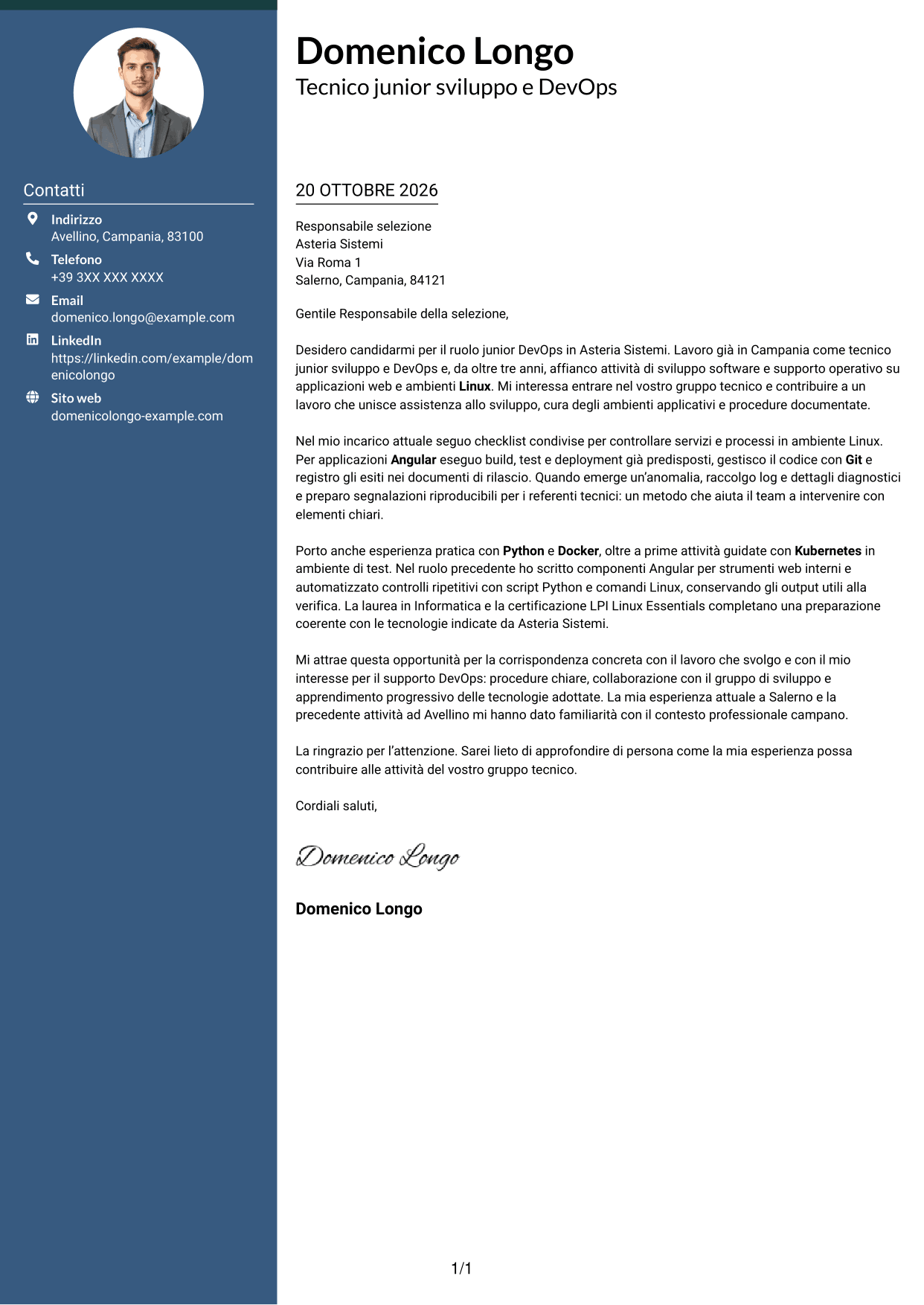 Lettera di presentazione Elegante (formato con colonna laterale colorata e foto): Sviluppatore Junior DevOps - Angular, Python e Linux, pagina 1