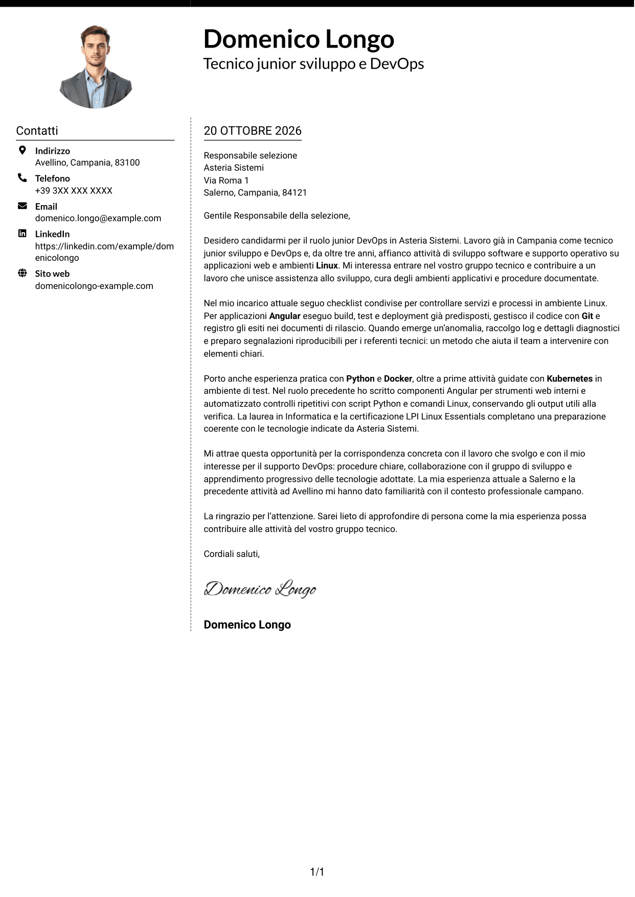 Lettera di presentazione Moderno (formato a due colonne con foto a sinistra e separatore): Sviluppatore Junior DevOps - Angular, Python e Linux, pagina 1