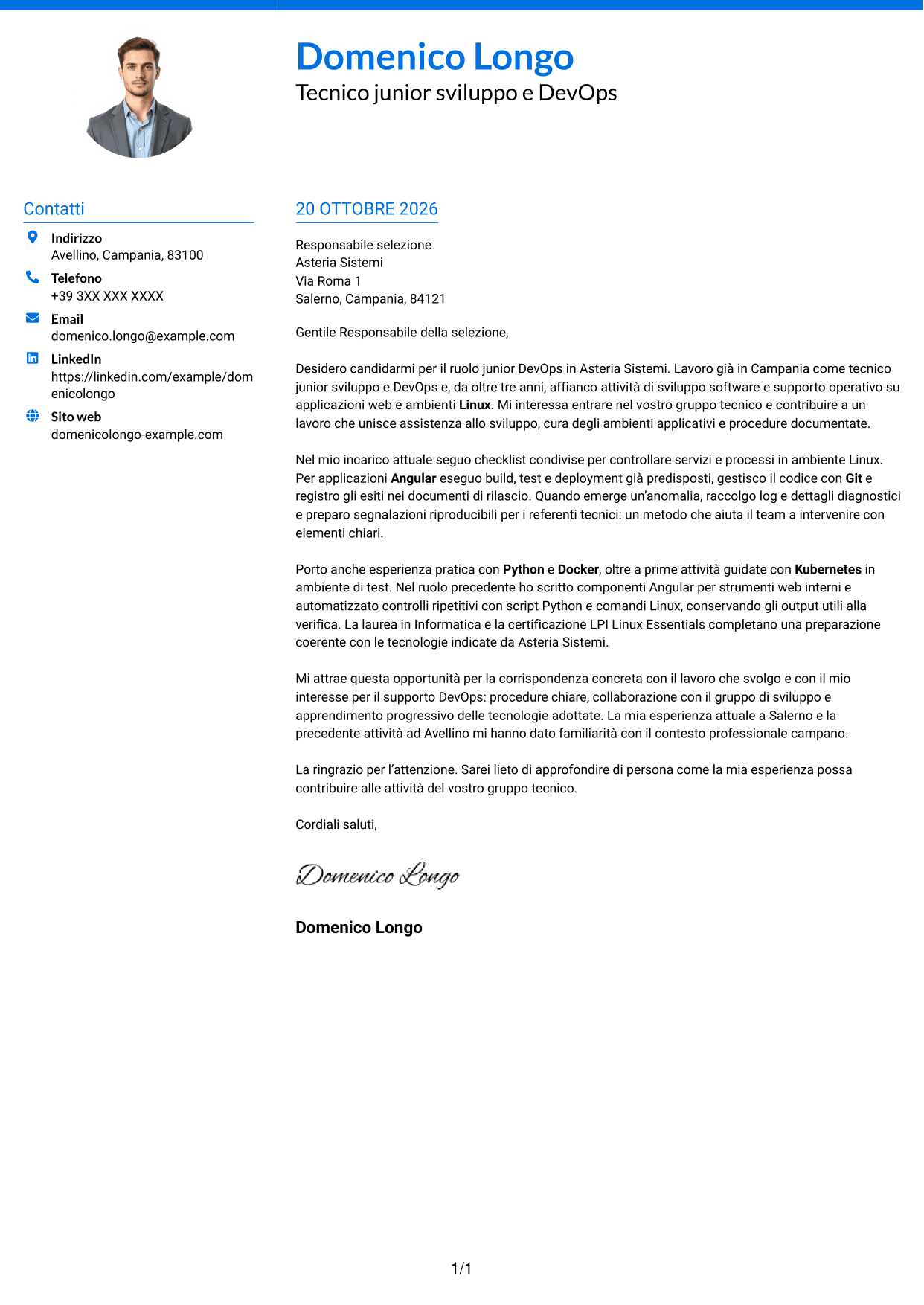 Lettera di presentazione Audace (formato a due colonne con accenti colorati e foto): Sviluppatore Junior DevOps - Angular, Python e Linux, pagina 1