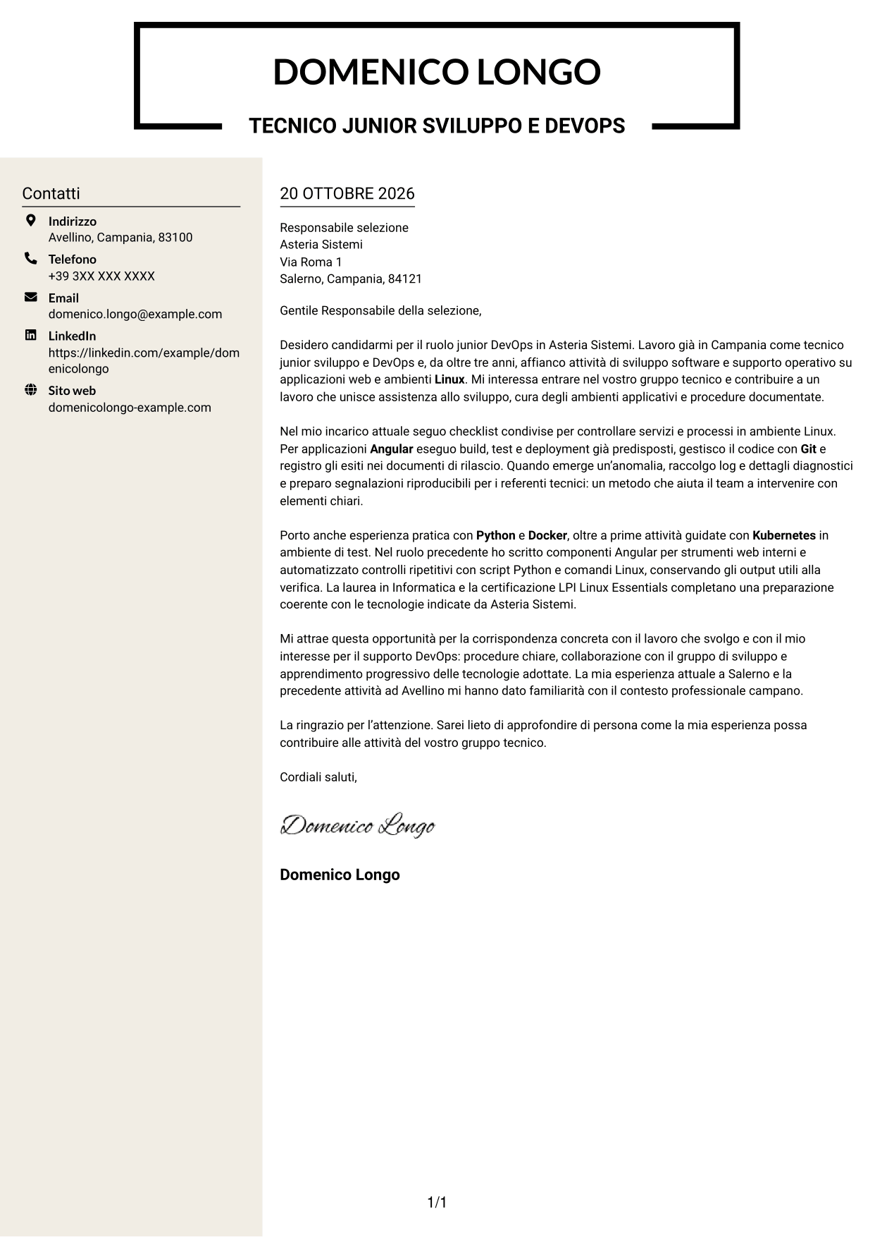 Lettera di presentazione Intraprendente (formato a due colonne con intestazione centrata senza foto): Sviluppatore Junior DevOps - Angular, Python e Linux, pagina 1
