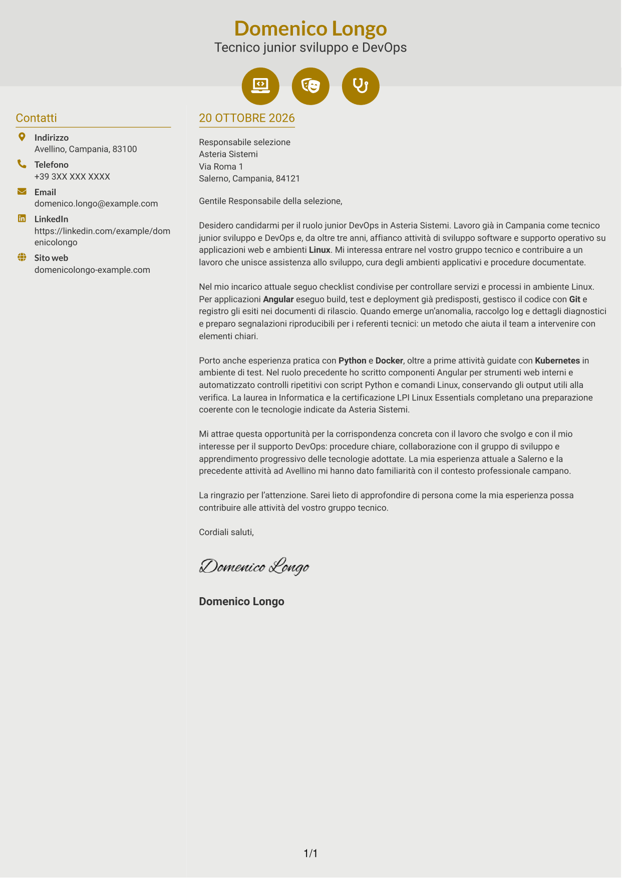 Lettera di presentazione Dinamico (formato a due colonne con icone): Sviluppatore Junior DevOps - Angular, Python e Linux, pagina 1