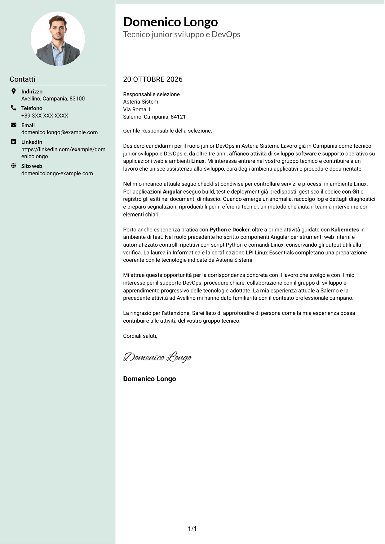Lettera di presentazione Dirigente (formato con colonna laterale tenue e foto arrotondata): Sviluppatore Junior DevOps - Angular, Python e Linux, pagina 1