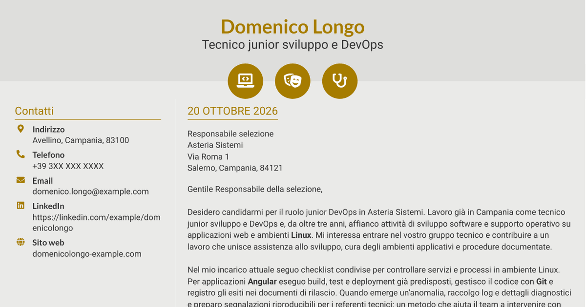 7 modelli di lettera di presentazione per Sviluppatore Junior DevOps - Angular, Python e Linux, con esempi