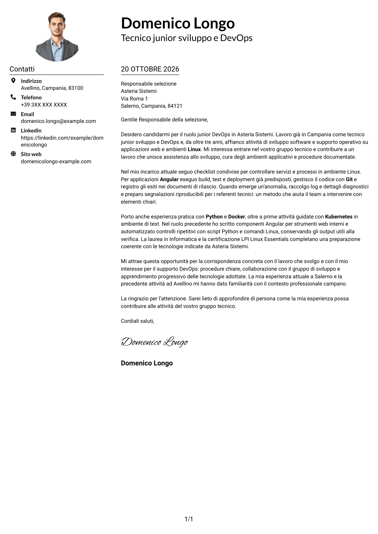 Esempio di lettera di presentazione — pagina 1