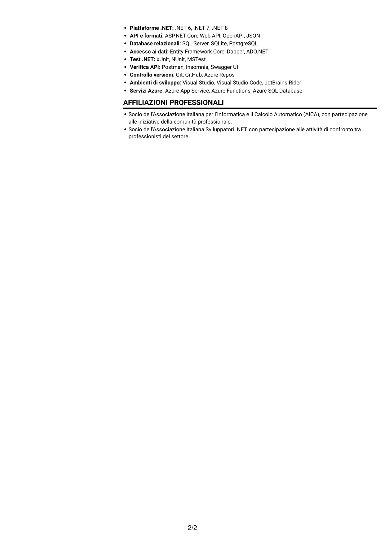 CV Compatto (formato sobrio a due colonne con foto): Sviluppatore .NET Senior - Reverse Engineering, pagina 2