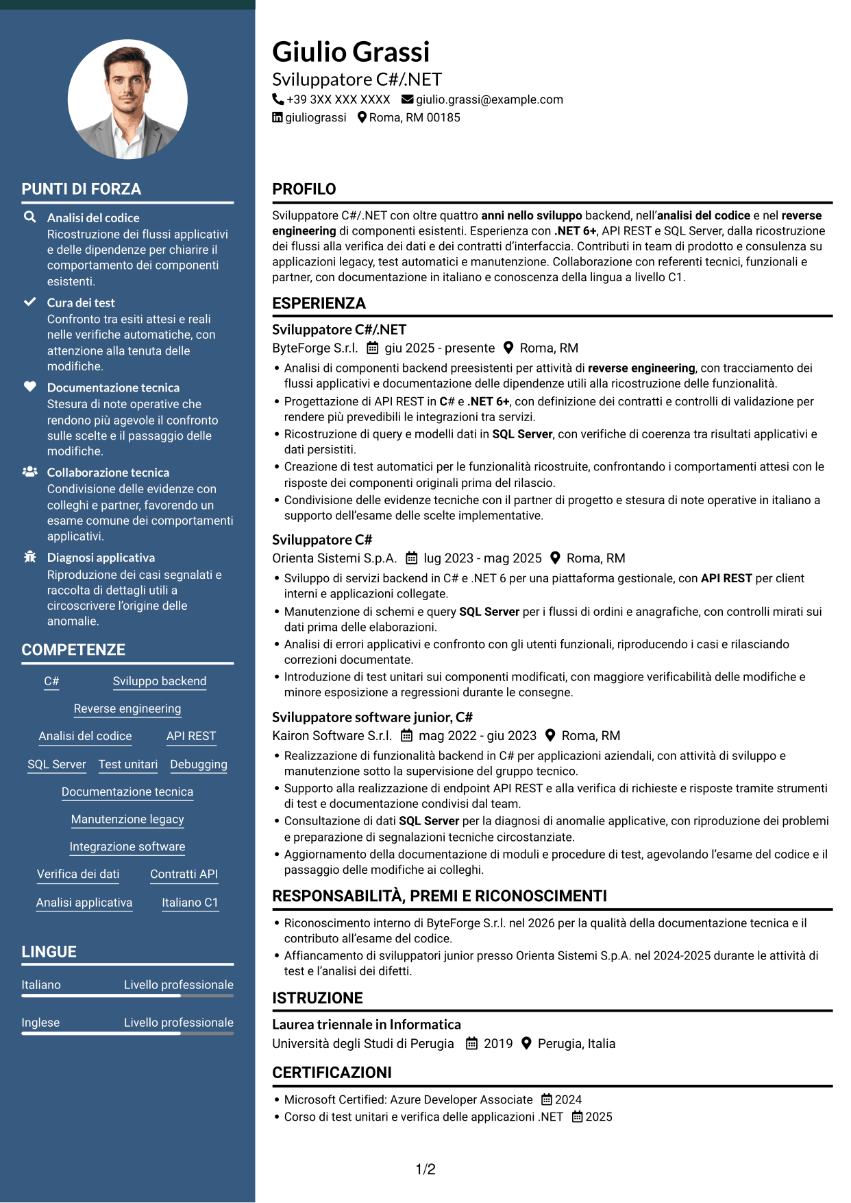 CV Elegante (formato con colonna laterale colorata e foto): Sviluppatore .NET Senior - Reverse Engineering, pagina 1