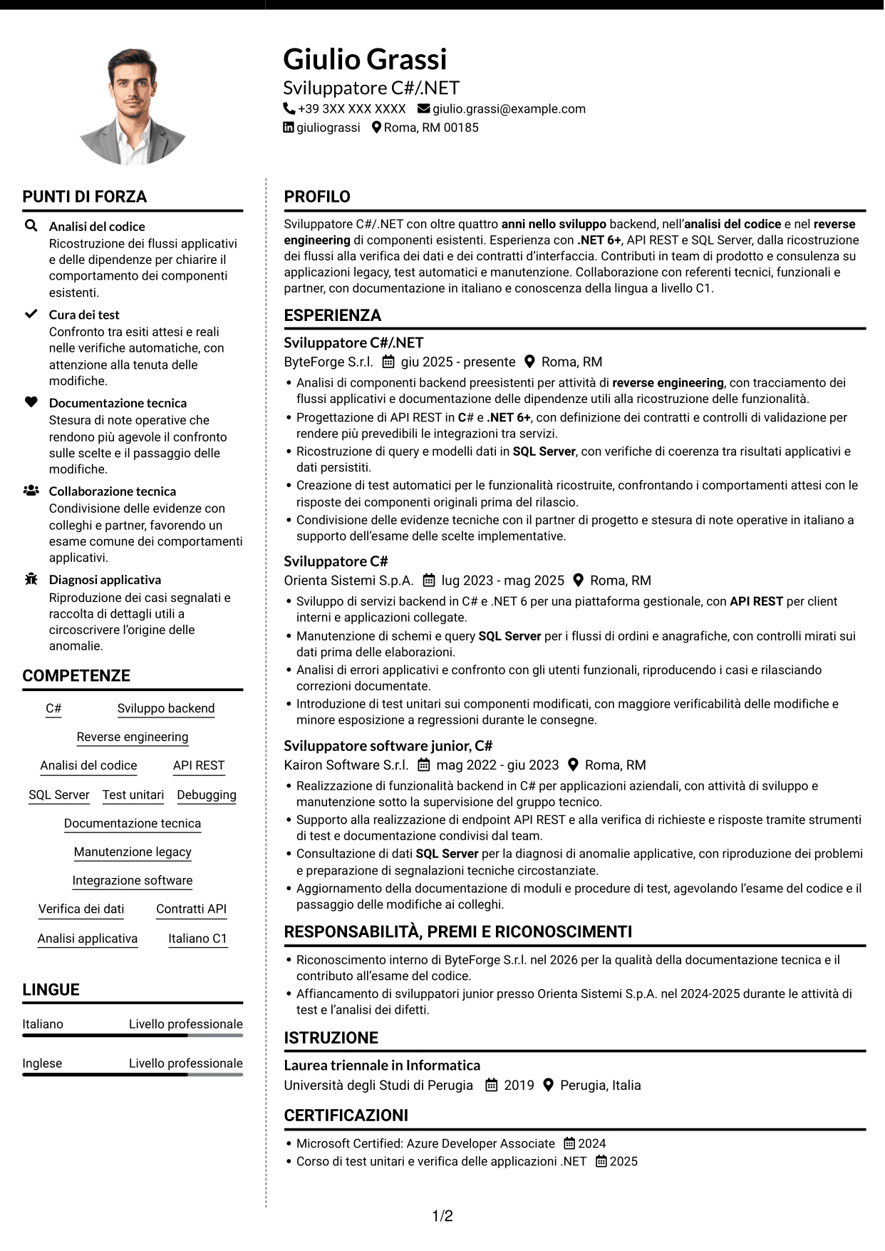 CV Moderno (formato a due colonne con foto a sinistra e separatore): Sviluppatore .NET Senior - Reverse Engineering, pagina 1