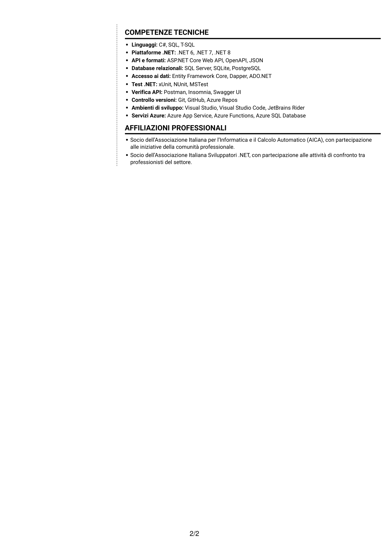 CV Moderno (formato a due colonne con foto a sinistra e separatore): Sviluppatore .NET Senior - Reverse Engineering, pagina 2