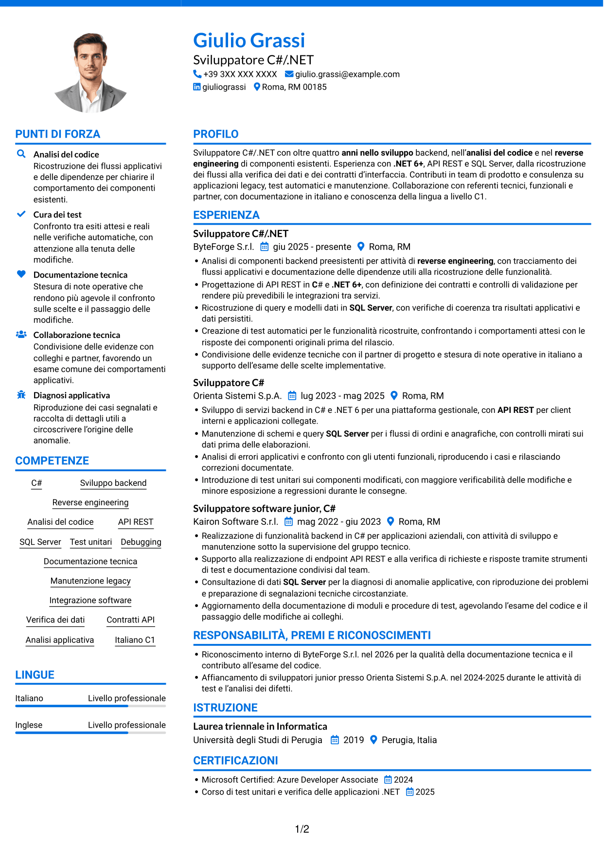 CV Audace (formato a due colonne con accenti colorati e foto): Sviluppatore .NET Senior - Reverse Engineering, pagina 1