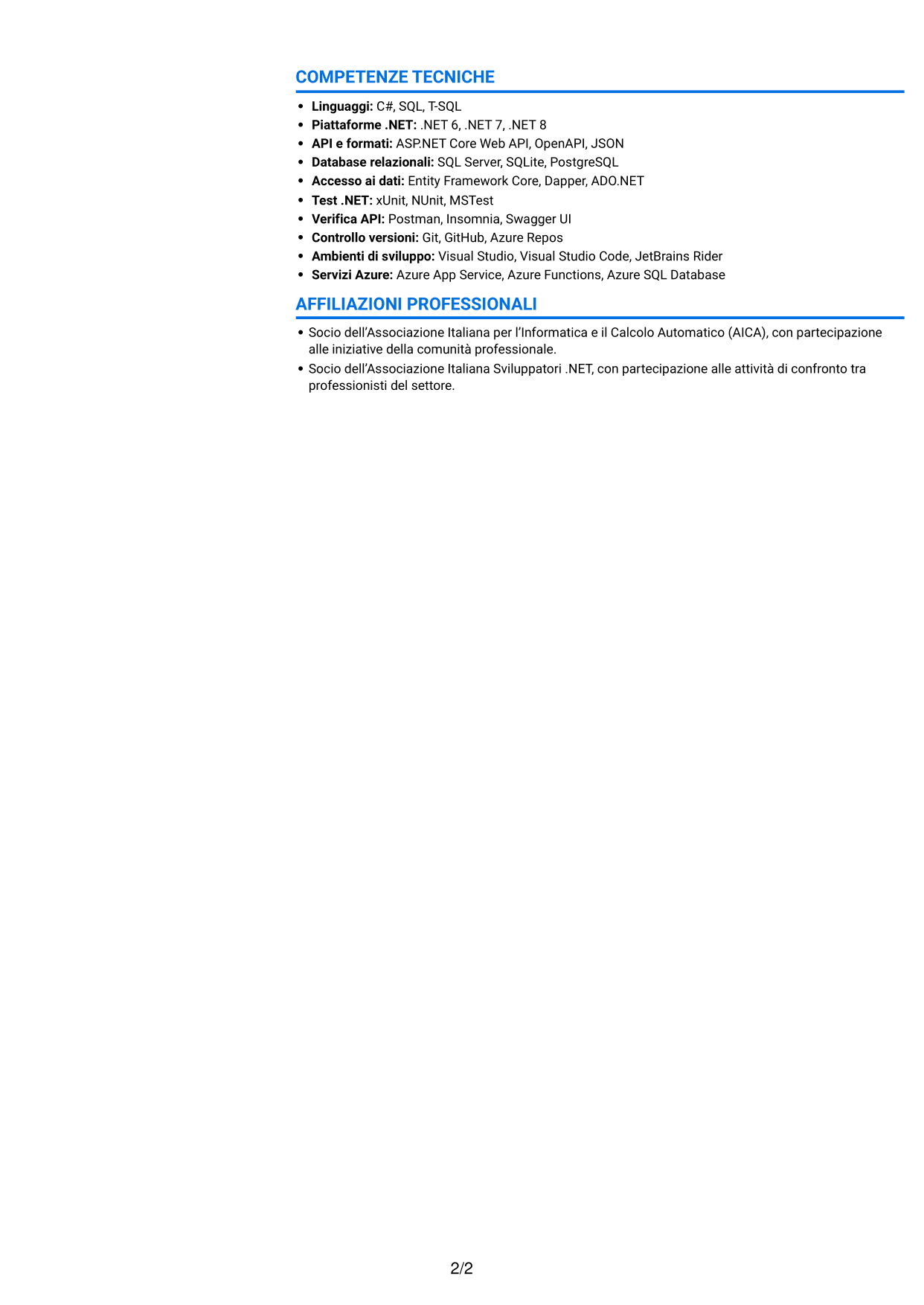 CV Audace (formato a due colonne con accenti colorati e foto): Sviluppatore .NET Senior - Reverse Engineering, pagina 2