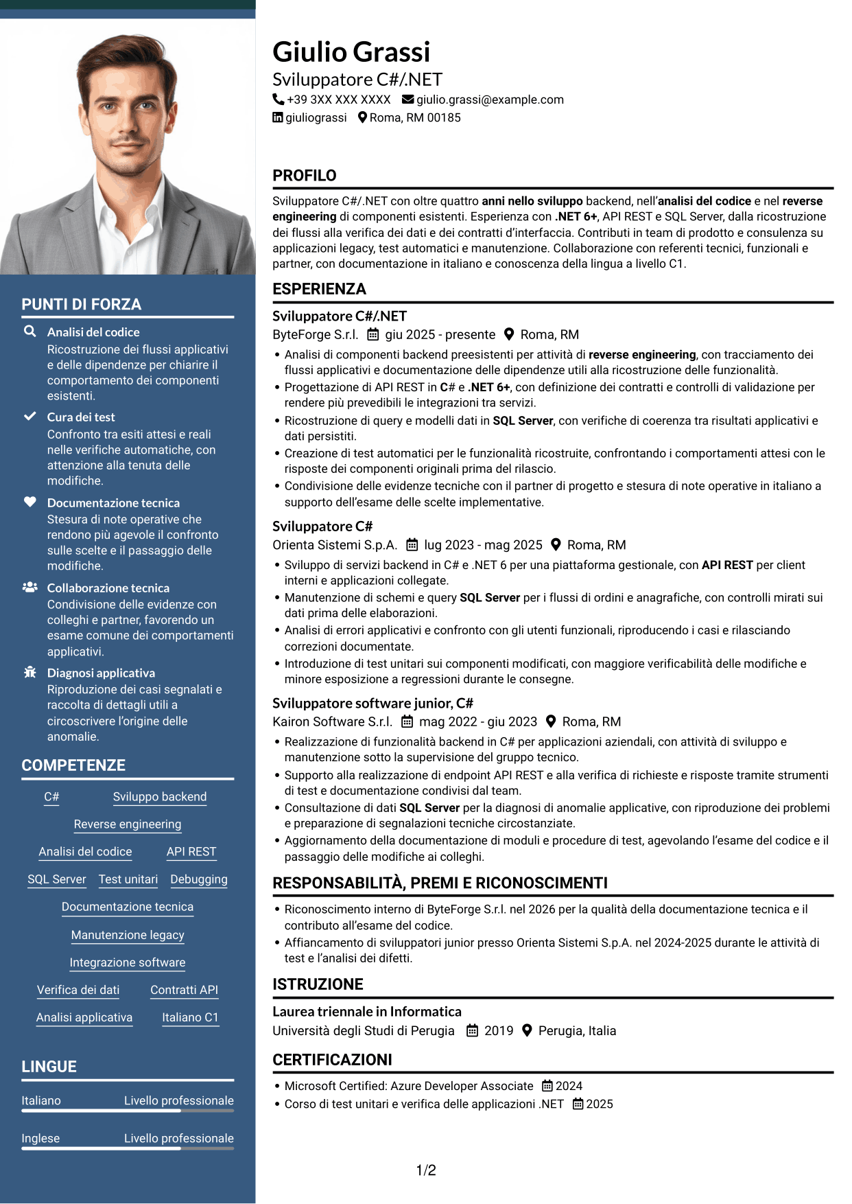 CV Signature (formato con colonna laterale colorata e foto grande): Sviluppatore .NET Senior - Reverse Engineering, pagina 1