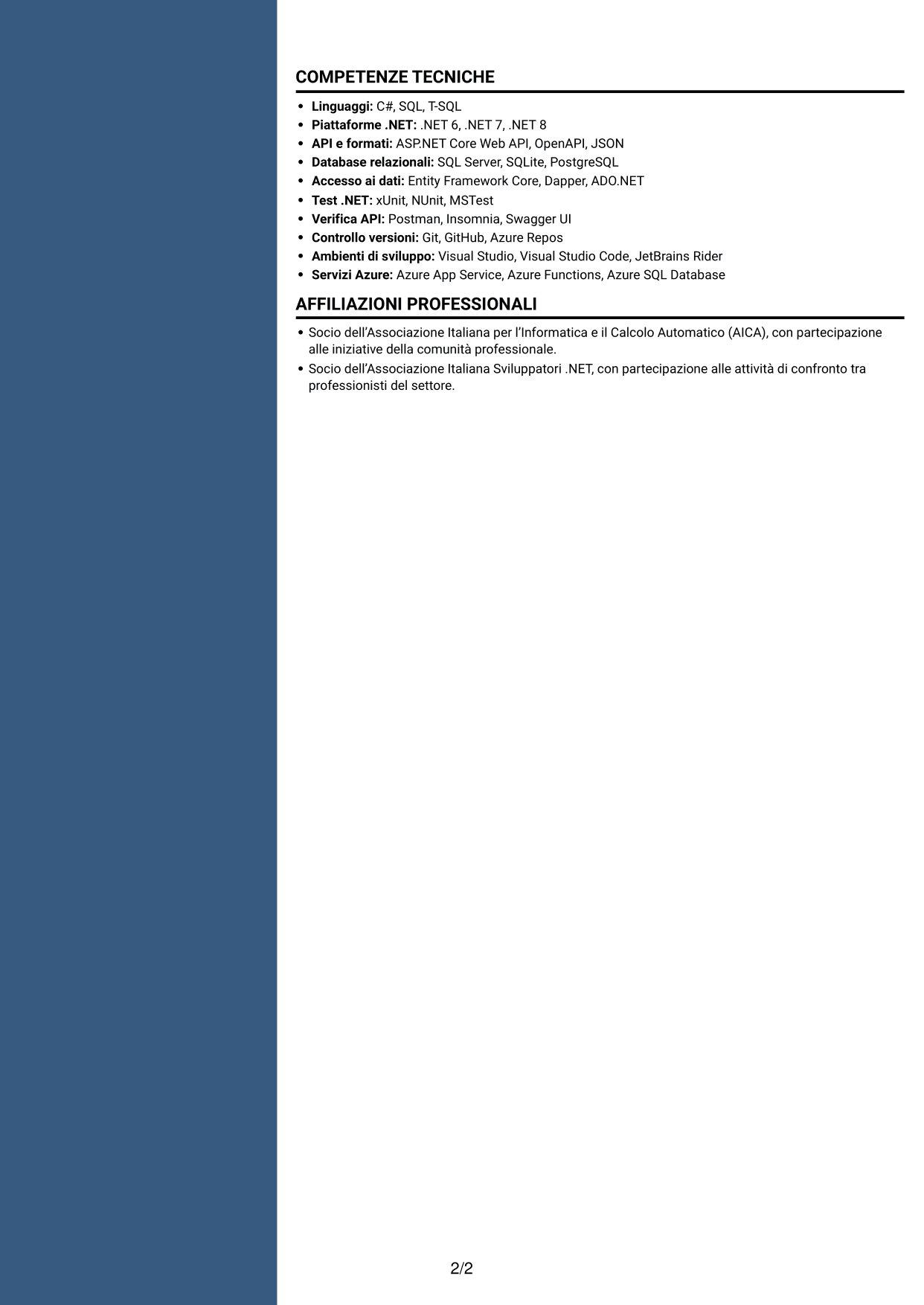 CV Signature (formato con colonna laterale colorata e foto grande): Sviluppatore .NET Senior - Reverse Engineering, pagina 2