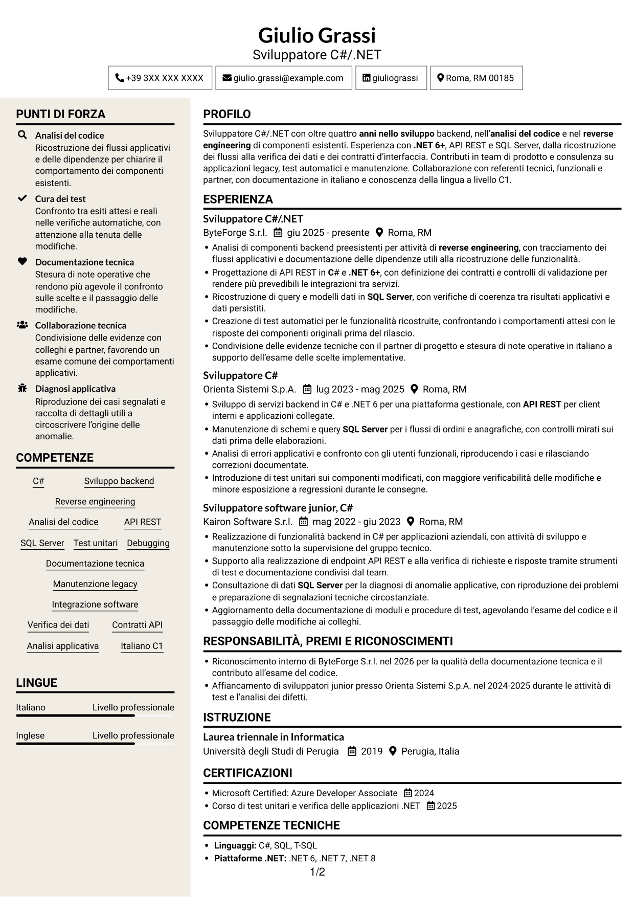 CV Intraprendente (formato a due colonne con intestazione centrata senza foto): Sviluppatore .NET Senior - Reverse Engineering, pagina 1