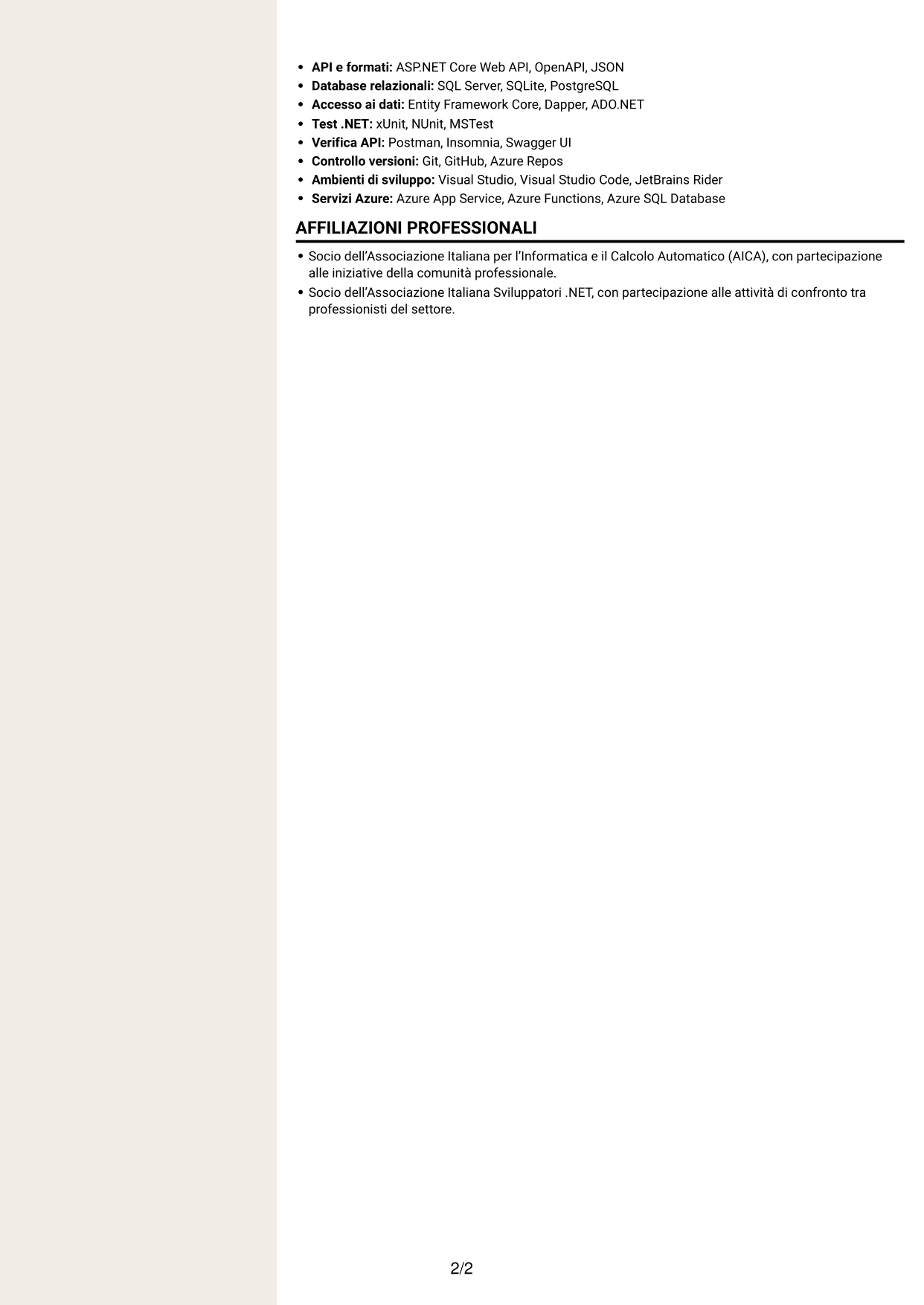 CV Intraprendente (formato a due colonne con intestazione centrata senza foto): Sviluppatore .NET Senior - Reverse Engineering, pagina 2