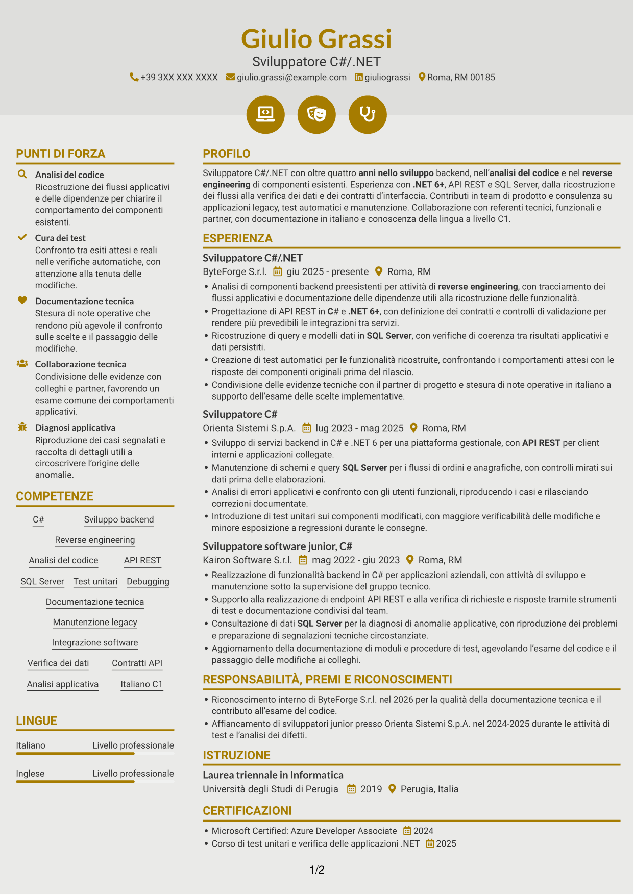 CV Dinamico (formato a due colonne con icone): Sviluppatore .NET Senior - Reverse Engineering, pagina 1