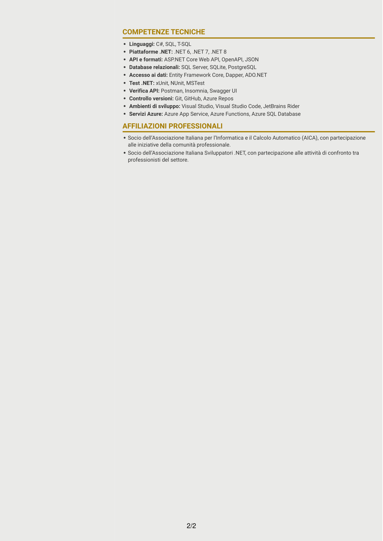 CV Dinamico (formato a due colonne con icone): Sviluppatore .NET Senior - Reverse Engineering, pagina 2