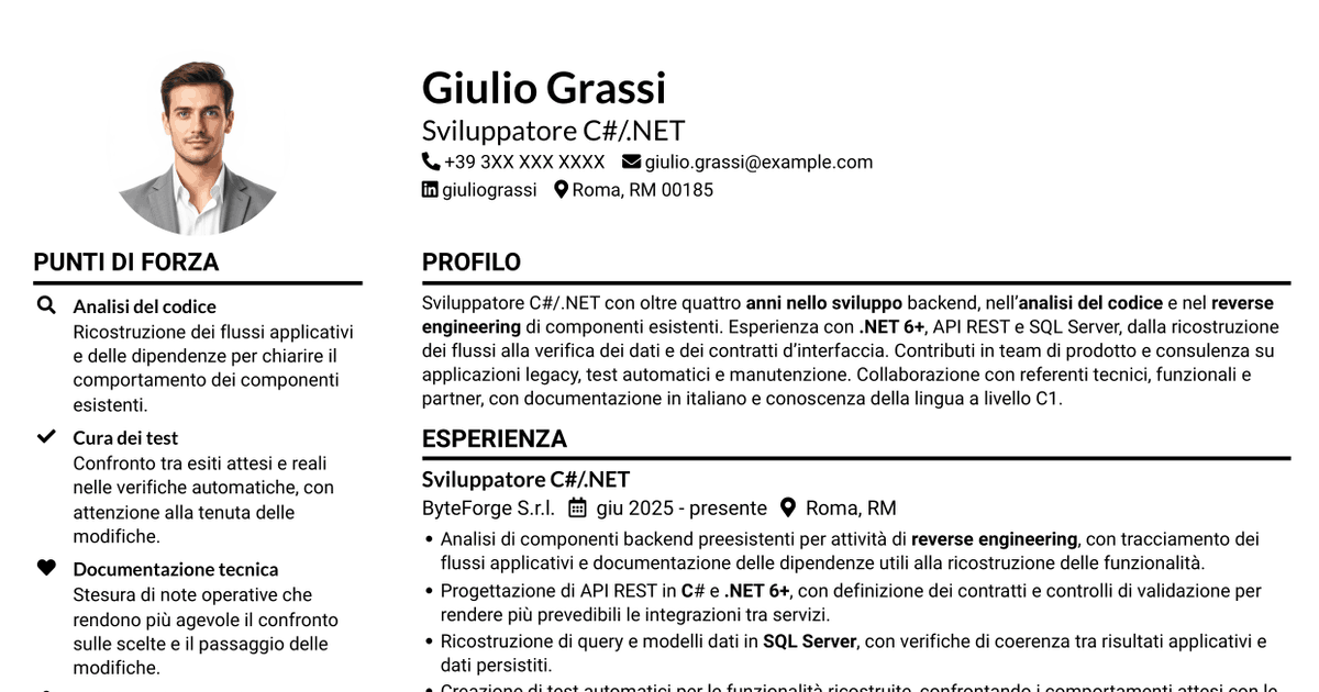 7 modelli di CV per Sviluppatore .NET Senior - Reverse Engineering, con esempi