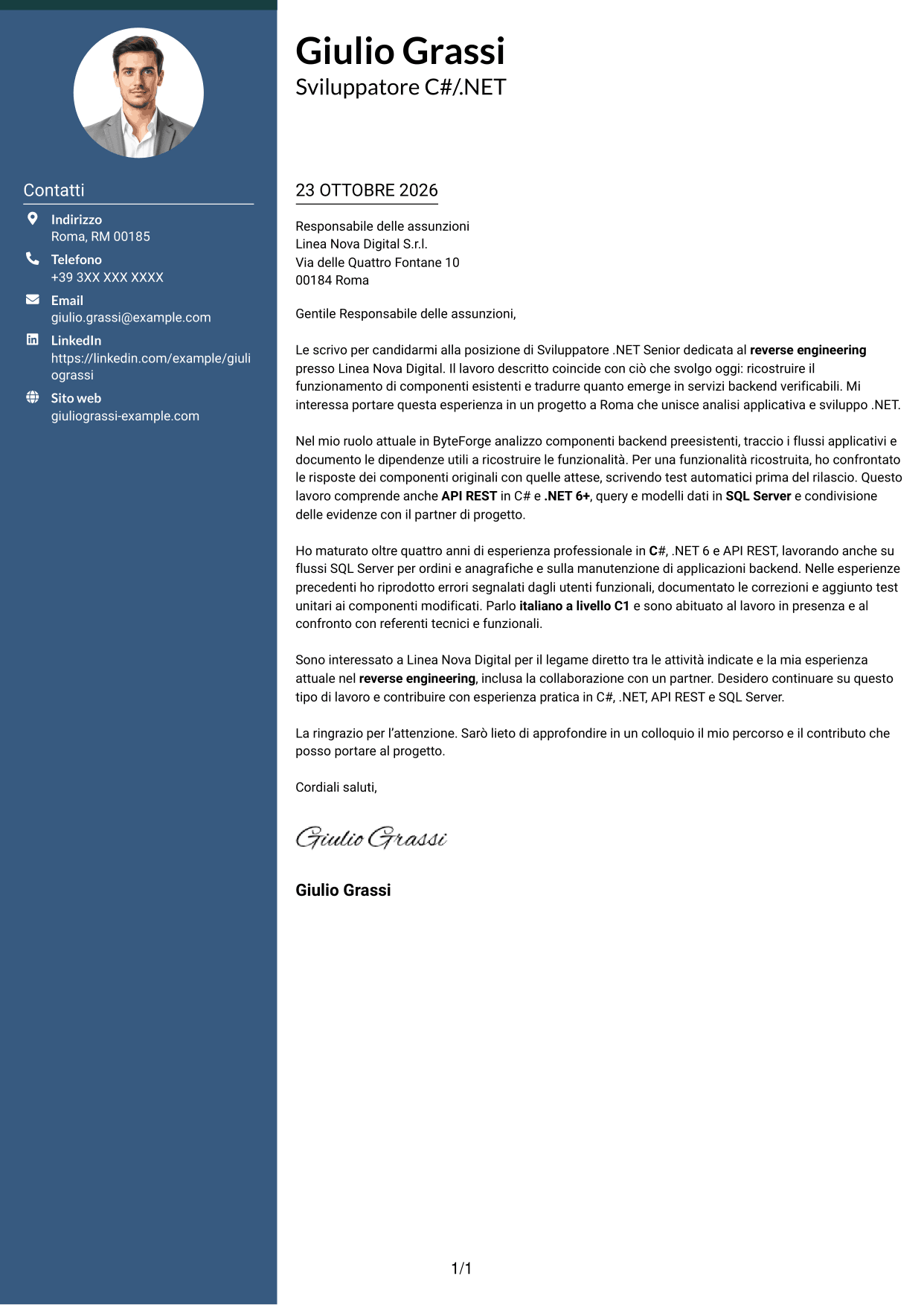 Lettera di presentazione Elegante (formato con colonna laterale colorata e foto): Sviluppatore .NET Senior - Reverse Engineering, pagina 1