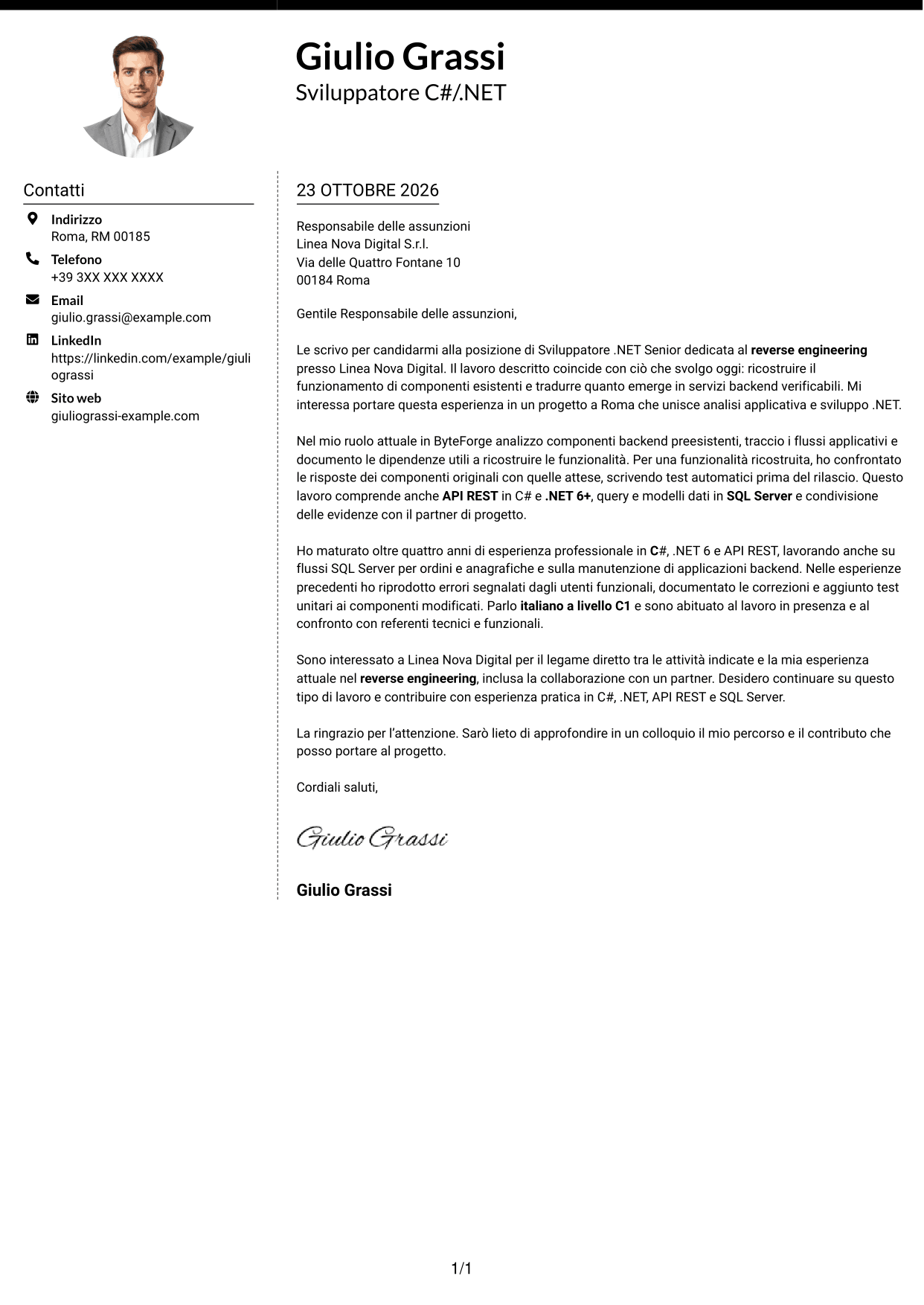 Lettera di presentazione Moderno (formato a due colonne con foto a sinistra e separatore): Sviluppatore .NET Senior - Reverse Engineering, pagina 1