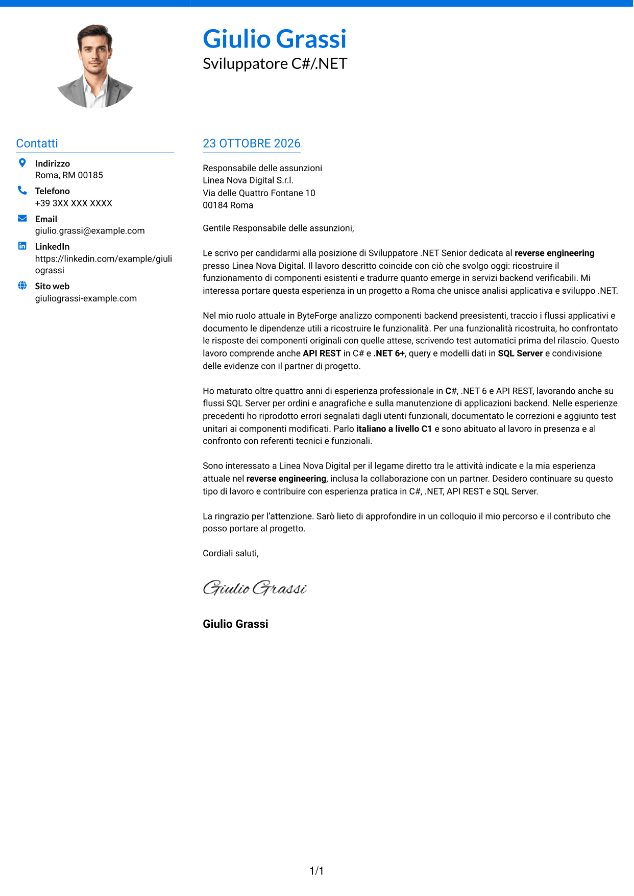 Lettera di presentazione Audace (formato a due colonne con accenti colorati e foto): Sviluppatore .NET Senior - Reverse Engineering, pagina 1