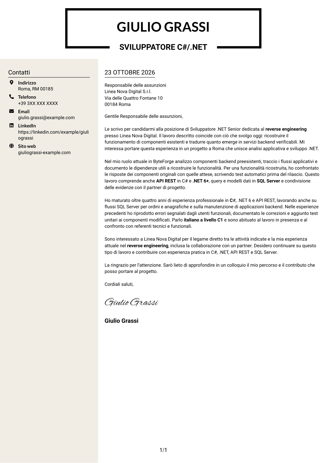 Lettera di presentazione Intraprendente (formato a due colonne con intestazione centrata senza foto): Sviluppatore .NET Senior - Reverse Engineering, pagina 1