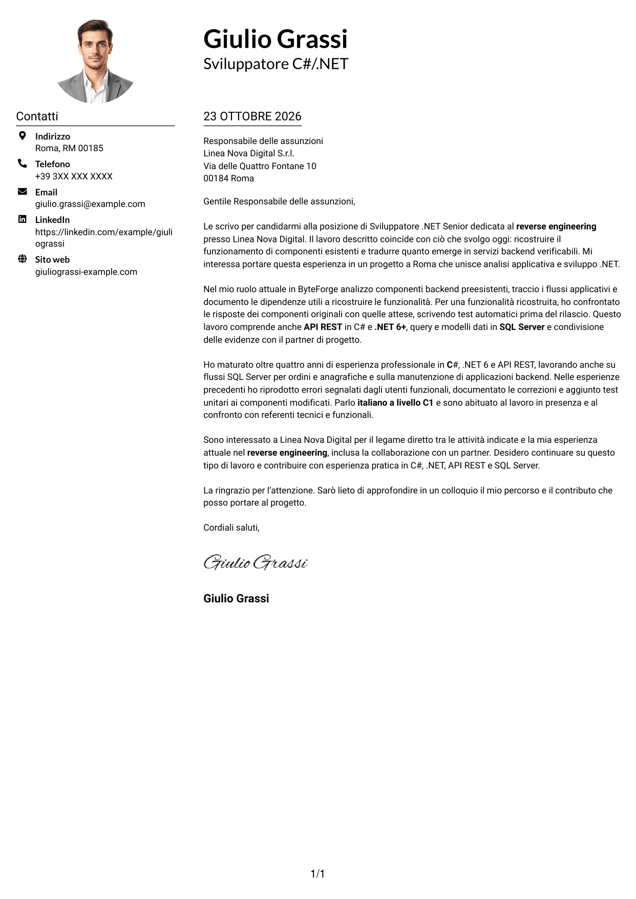 Esempio di lettera di presentazione — pagina 1