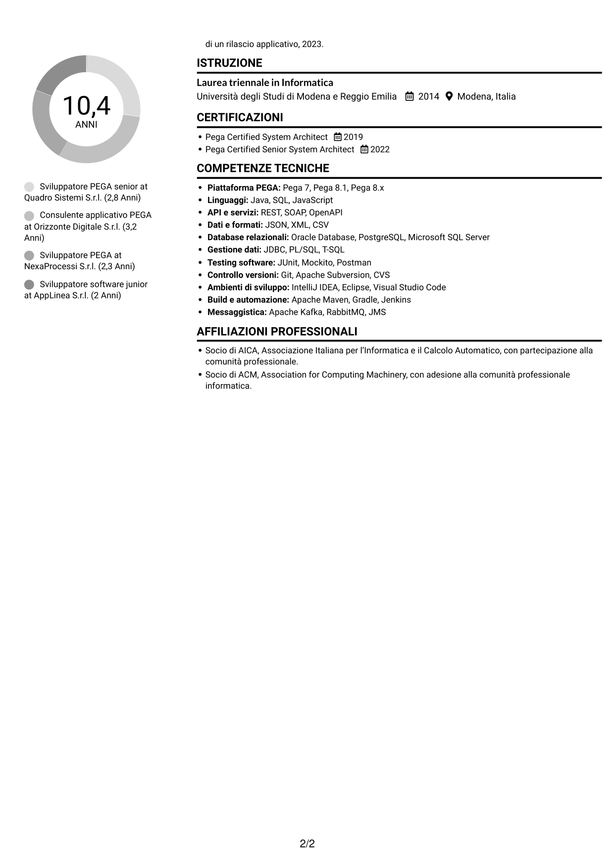 CV Compatto (formato sobrio a due colonne con foto): Sviluppatore PEGA, pagina 2