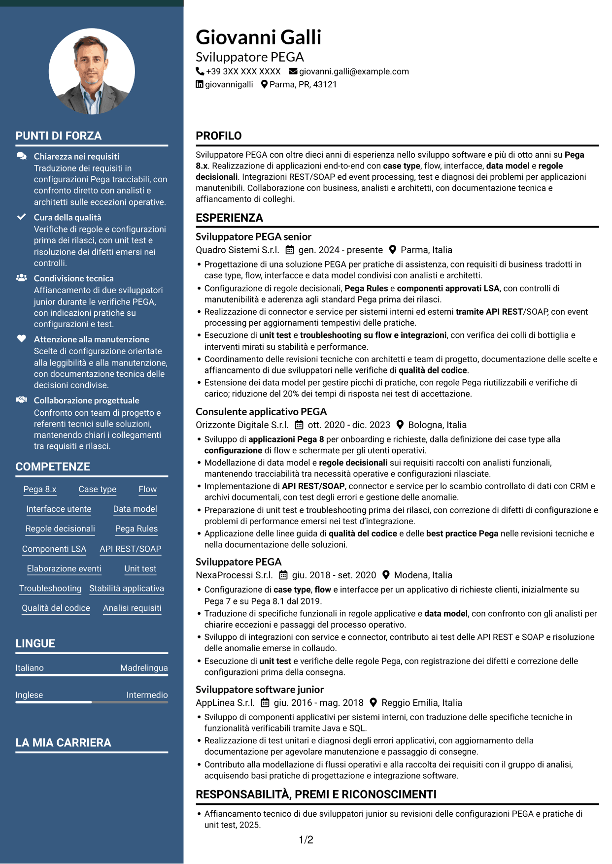 CV Elegante (formato con colonna laterale colorata e foto): Sviluppatore PEGA, pagina 1