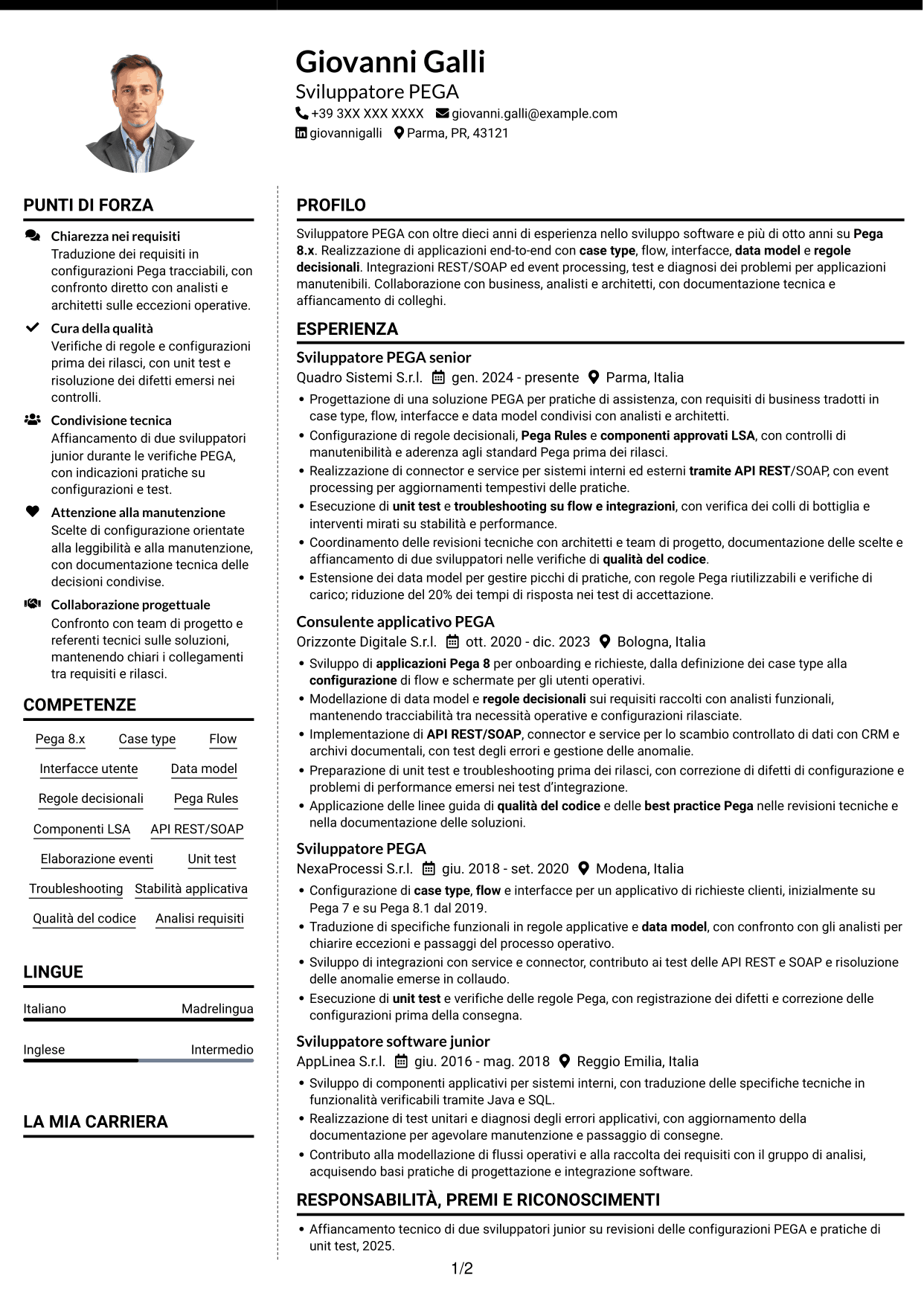 CV Moderno (formato a due colonne con foto a sinistra e separatore): Sviluppatore PEGA, pagina 1