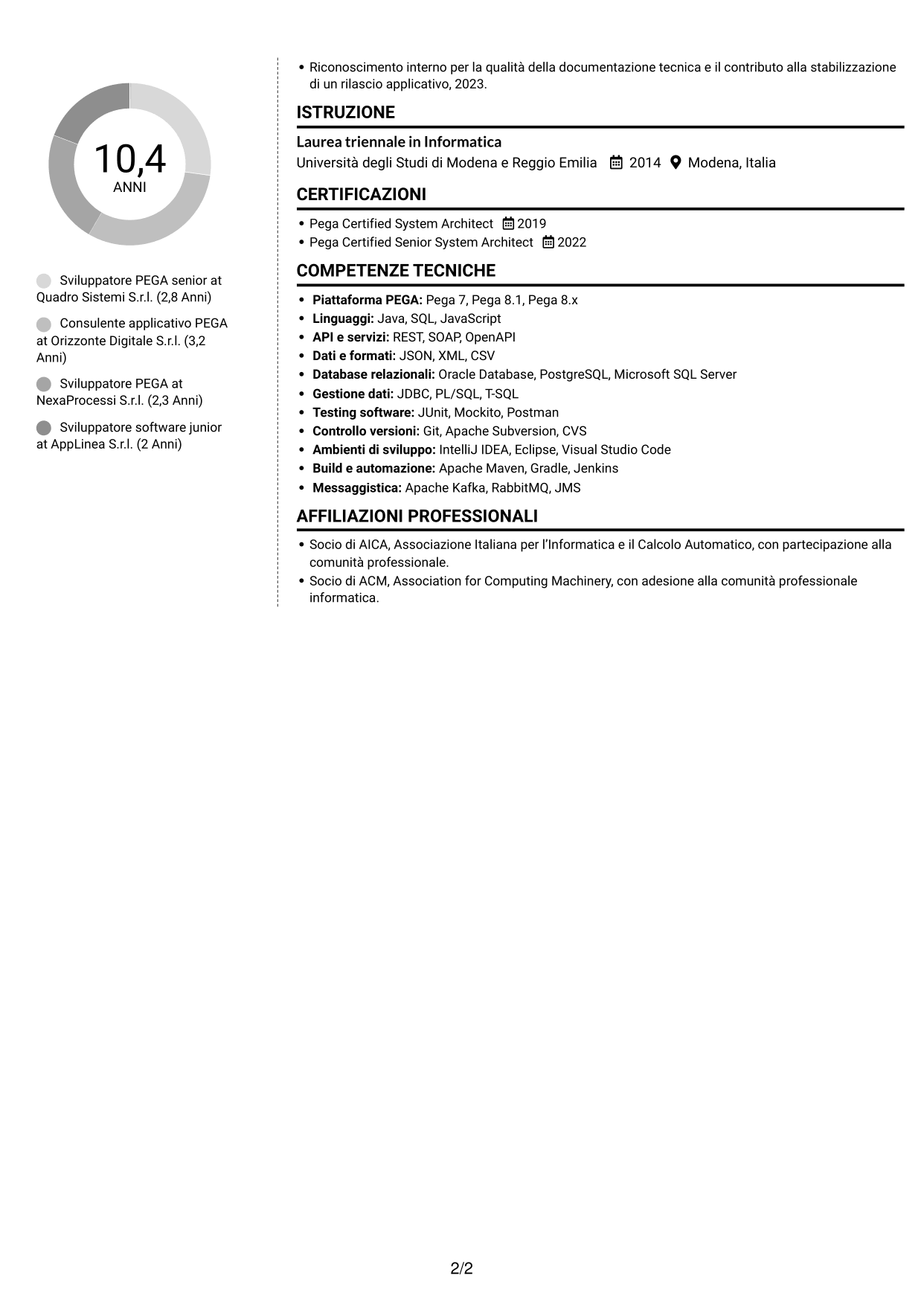 CV Moderno (formato a due colonne con foto a sinistra e separatore): Sviluppatore PEGA, pagina 2