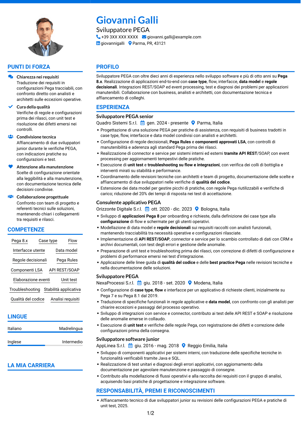 CV Audace (formato a due colonne con accenti colorati e foto): Sviluppatore PEGA, pagina 1