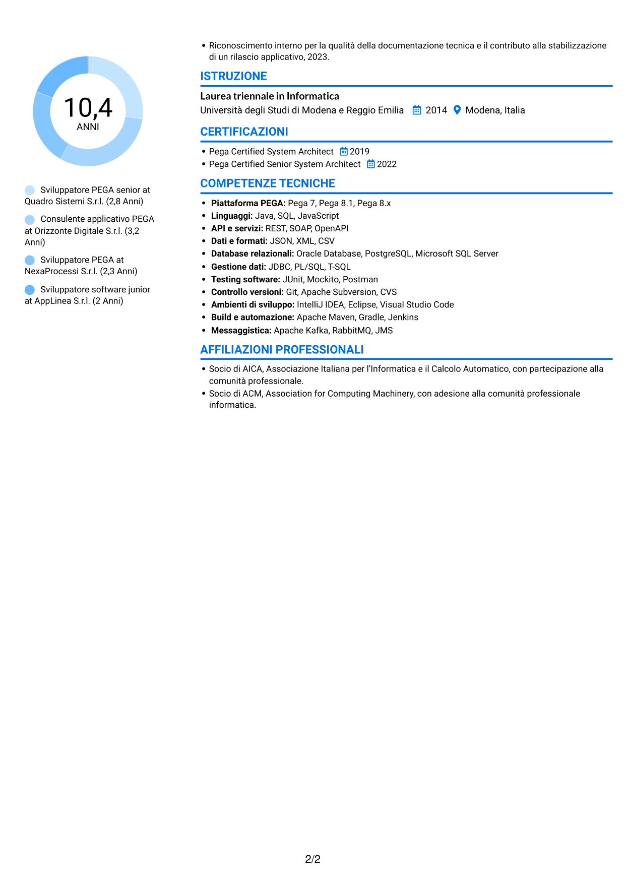CV Audace (formato a due colonne con accenti colorati e foto): Sviluppatore PEGA, pagina 2