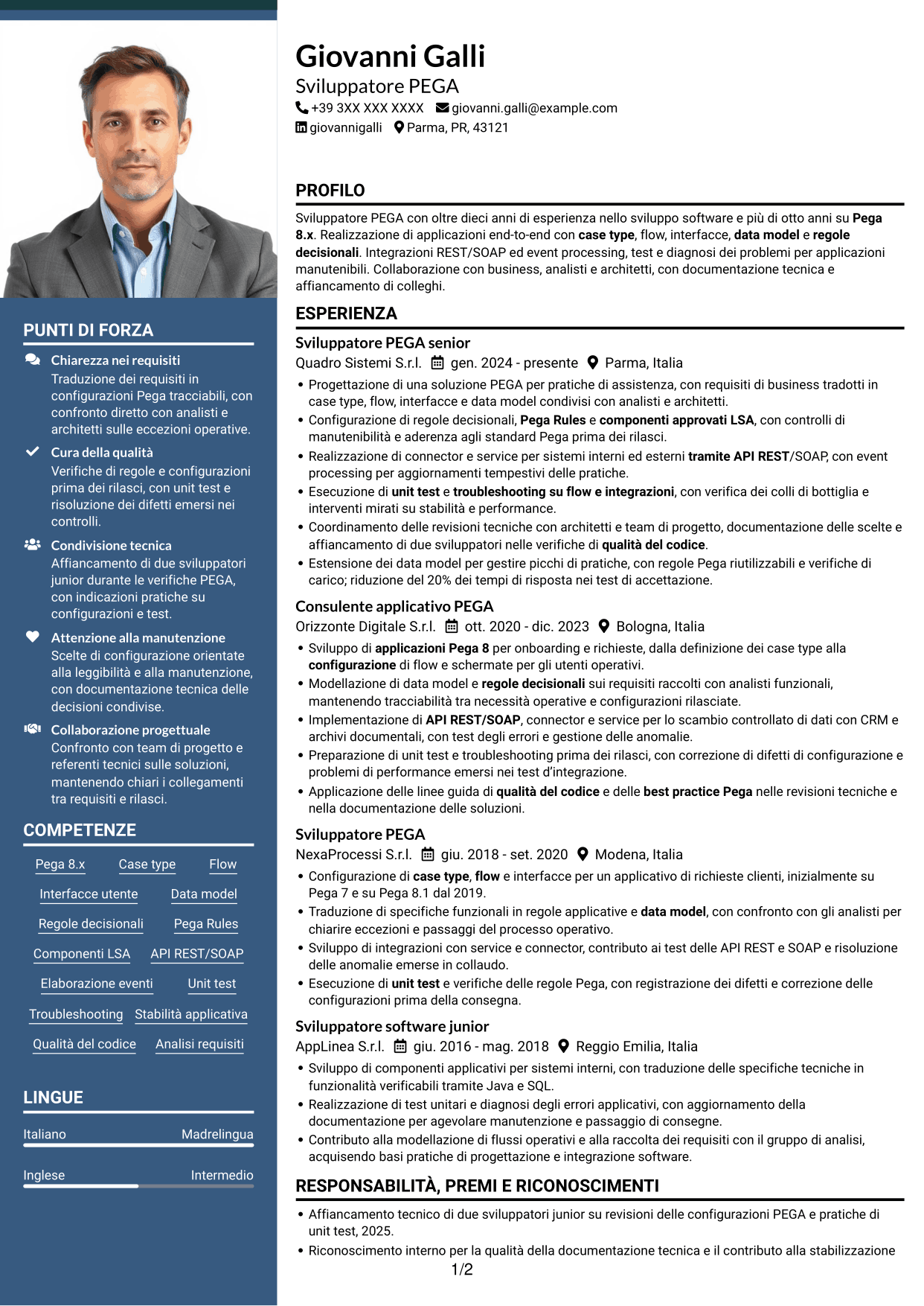 CV Signature (formato con colonna laterale colorata e foto grande): Sviluppatore PEGA, pagina 1