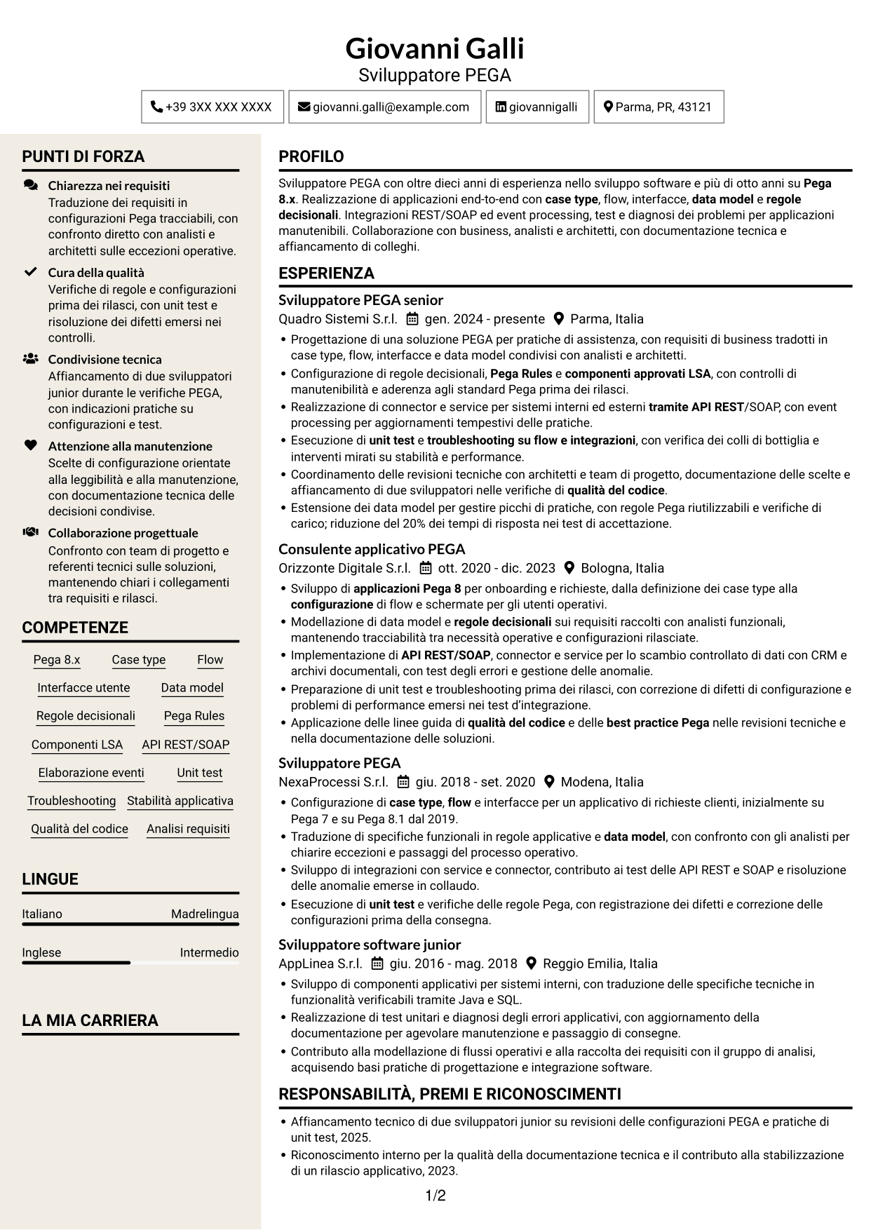CV Intraprendente (formato a due colonne con intestazione centrata senza foto): Sviluppatore PEGA, pagina 1