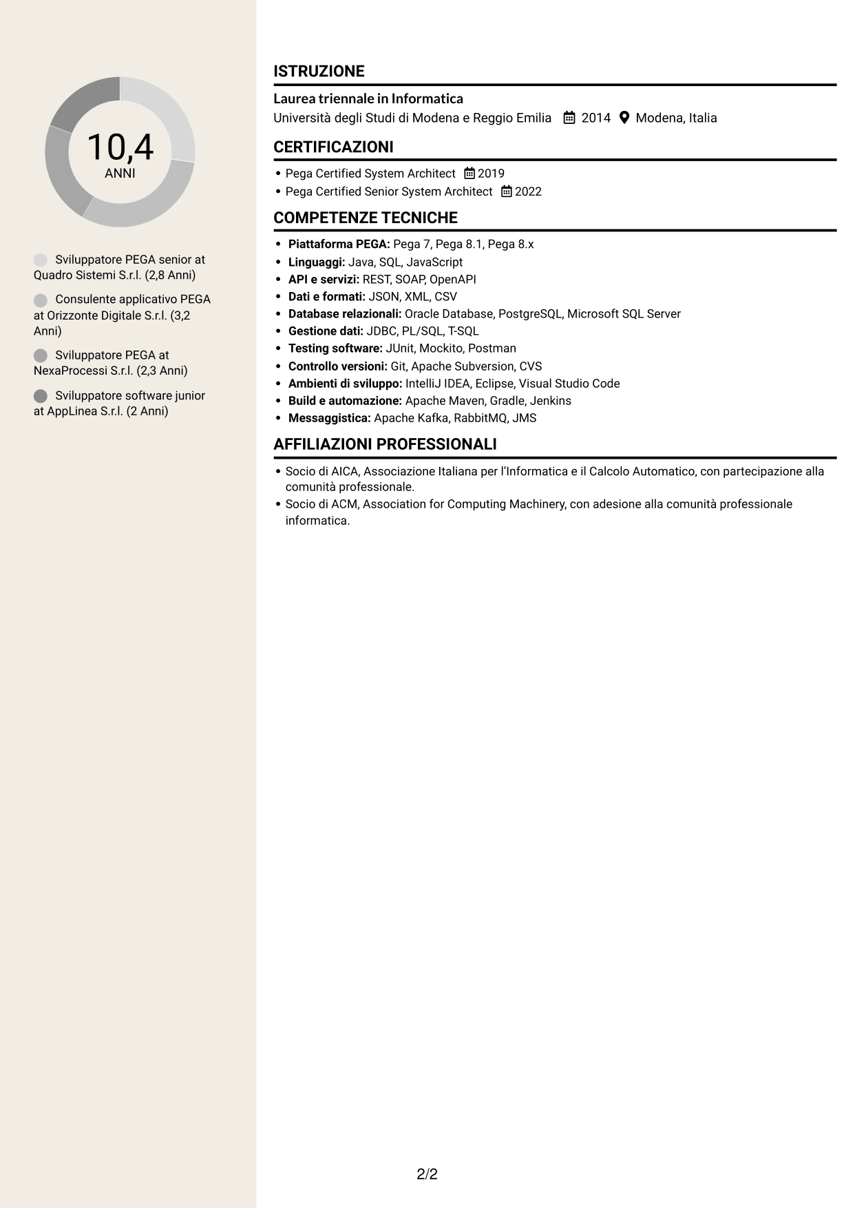 CV Intraprendente (formato a due colonne con intestazione centrata senza foto): Sviluppatore PEGA, pagina 2