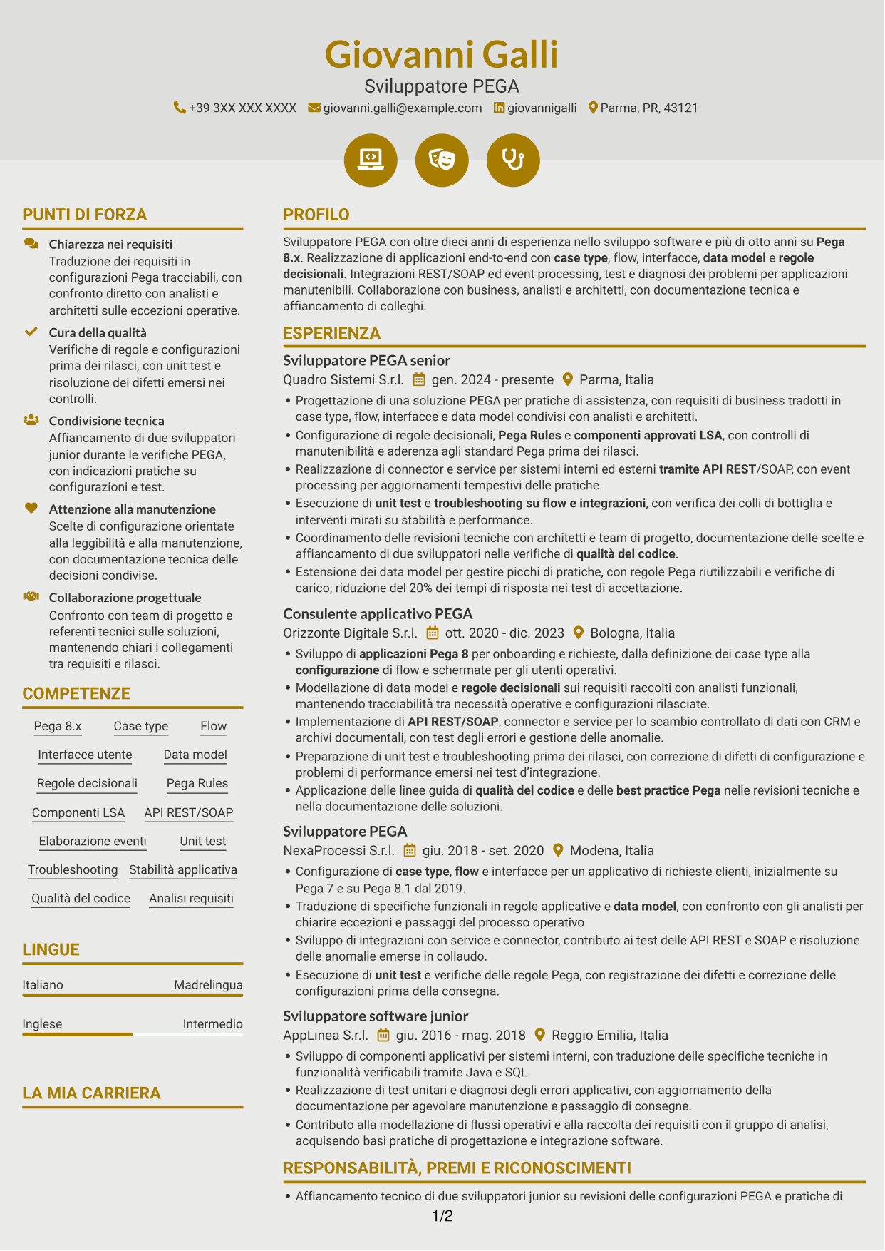 CV Dinamico (formato a due colonne con icone): Sviluppatore PEGA, pagina 1