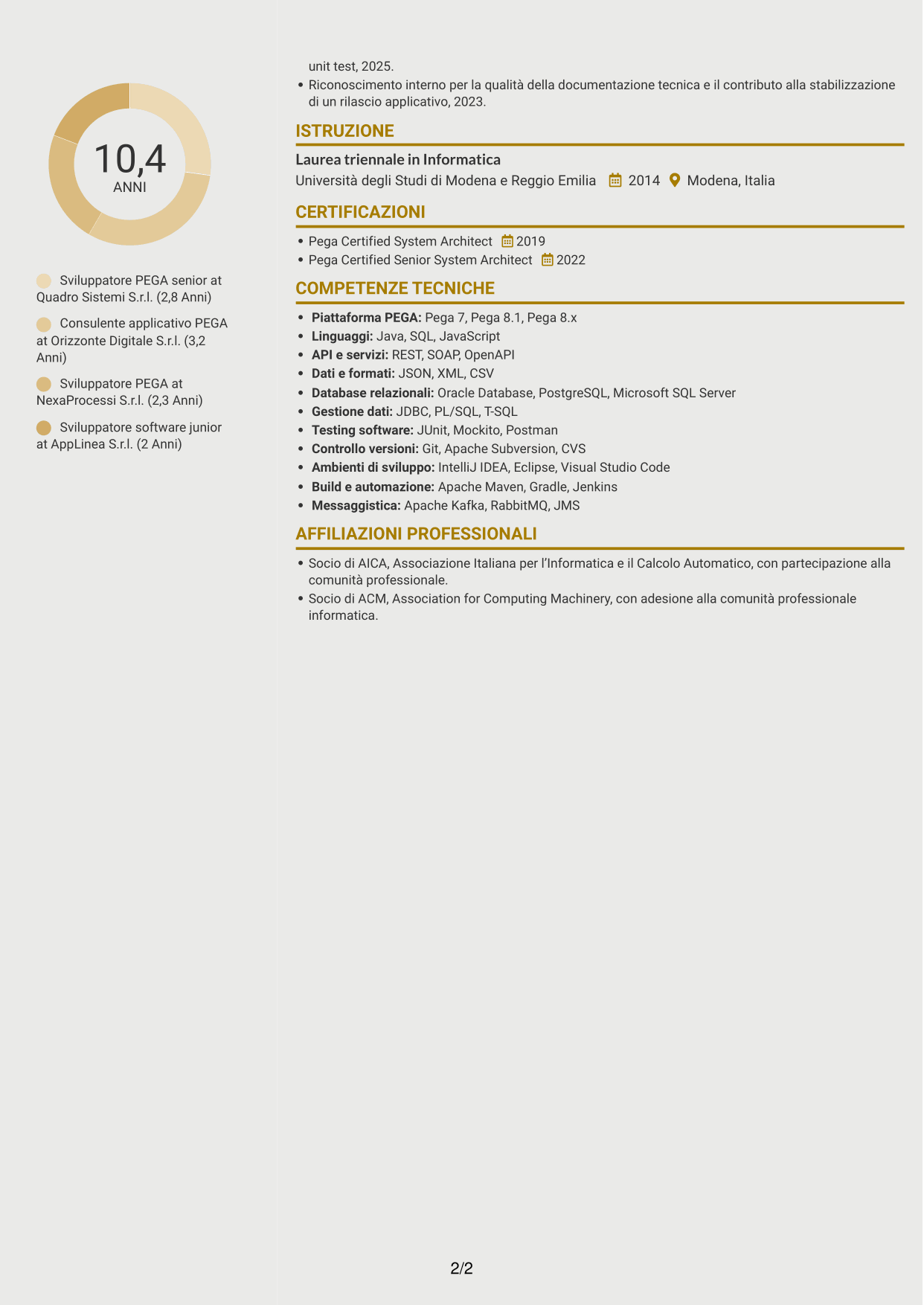 CV Dinamico (formato a due colonne con icone): Sviluppatore PEGA, pagina 2