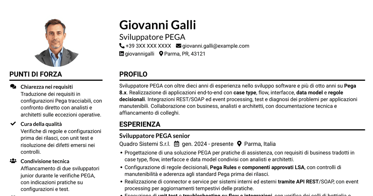 7 modelli di CV per Sviluppatore PEGA, con esempi