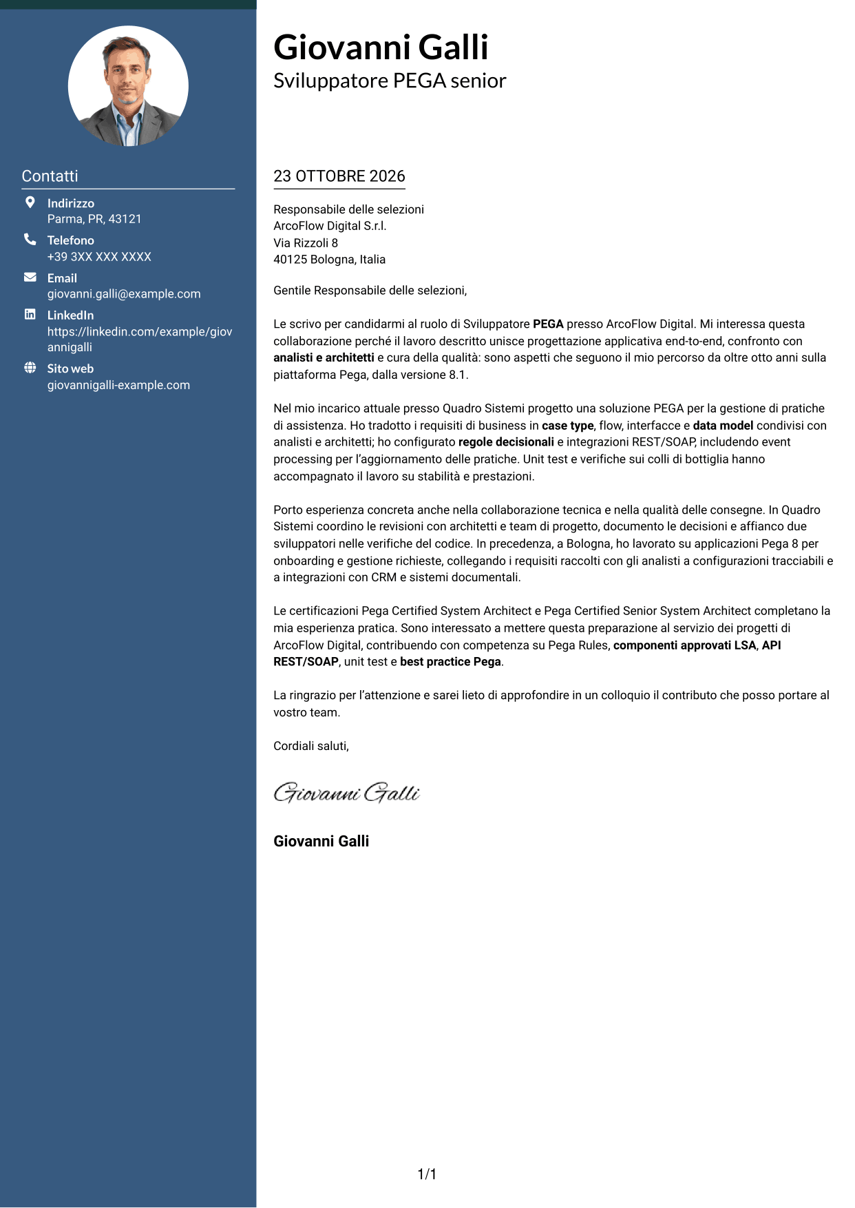 Lettera di presentazione Elegante (formato con colonna laterale colorata e foto): Sviluppatore PEGA, pagina 1