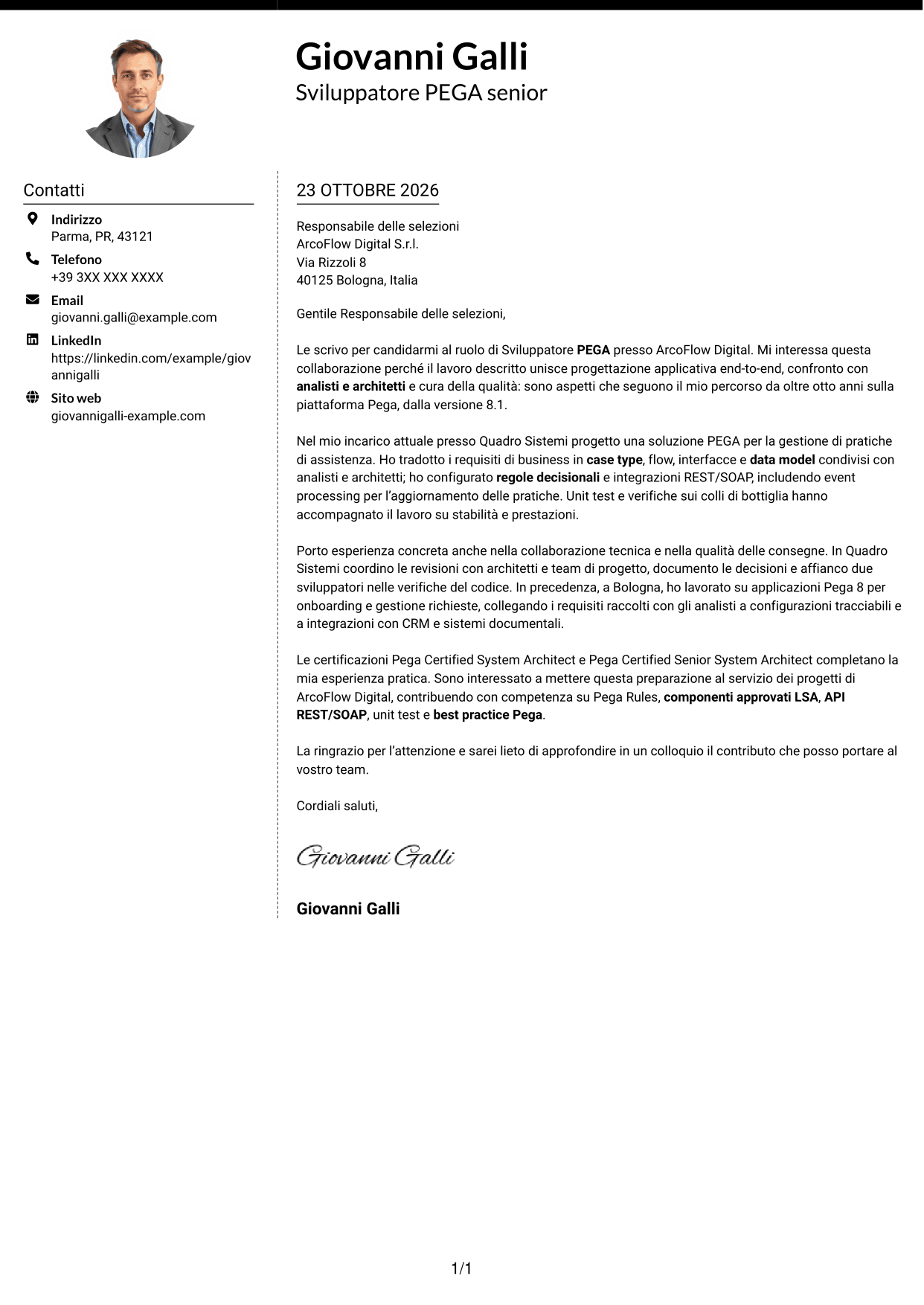 Lettera di presentazione Moderno (formato a due colonne con foto a sinistra e separatore): Sviluppatore PEGA, pagina 1