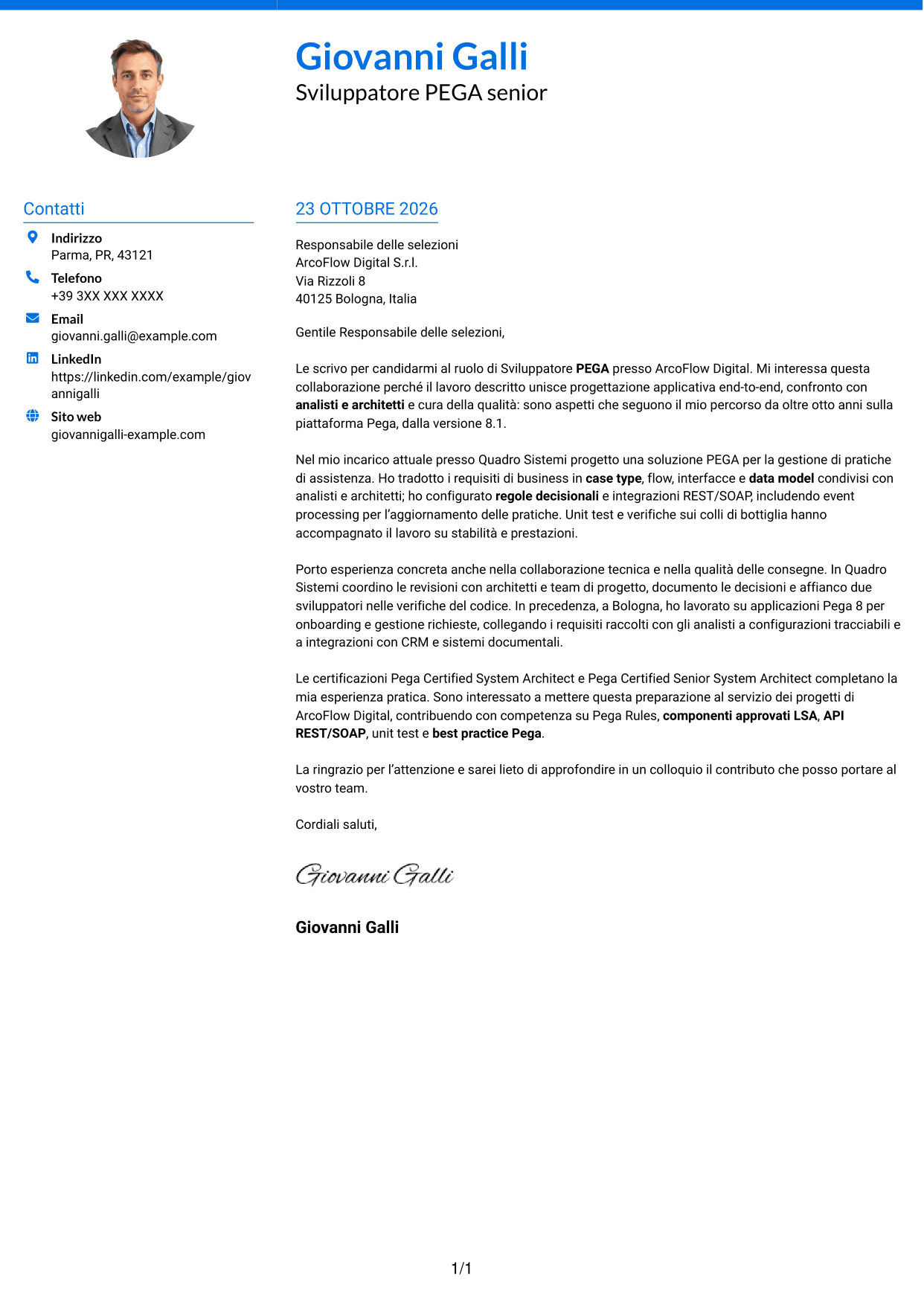 Lettera di presentazione Audace (formato a due colonne con accenti colorati e foto): Sviluppatore PEGA, pagina 1