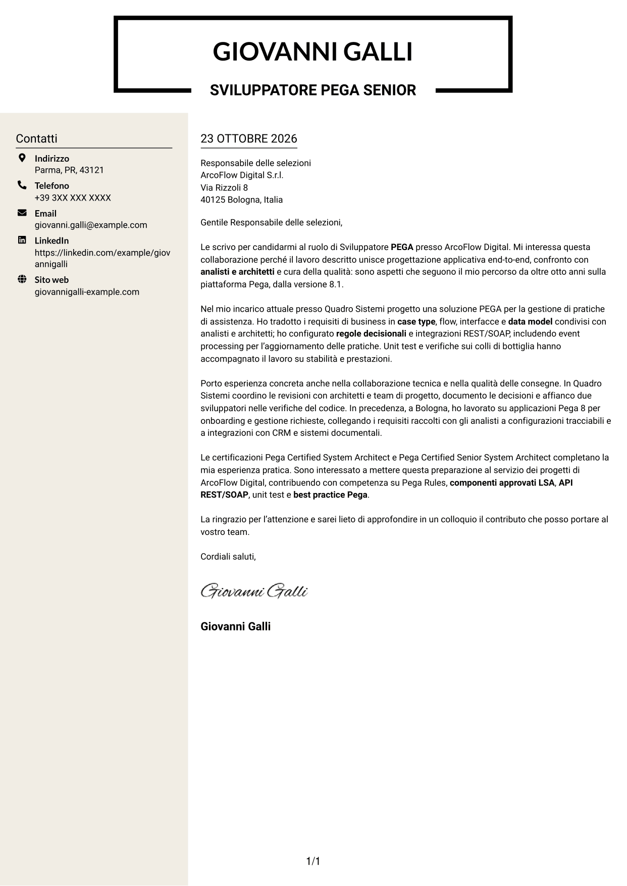 Lettera di presentazione Intraprendente (formato a due colonne con intestazione centrata senza foto): Sviluppatore PEGA, pagina 1
