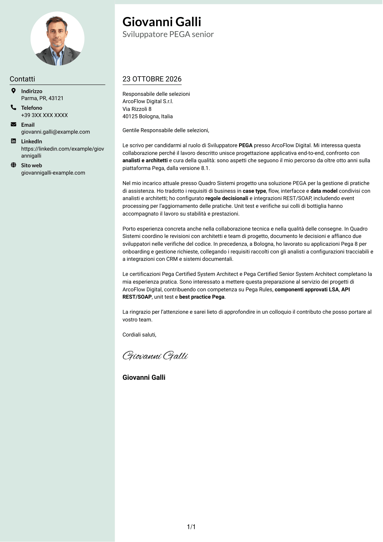 Lettera di presentazione Dirigente (formato con colonna laterale tenue e foto arrotondata): Sviluppatore PEGA, pagina 1